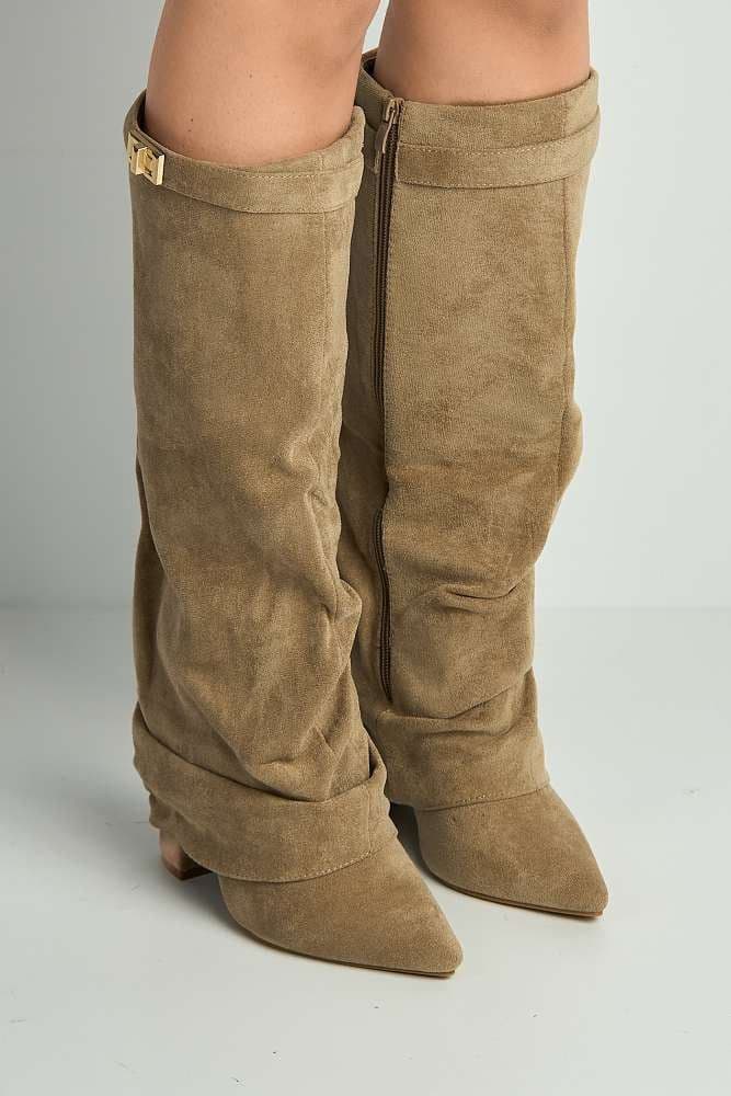 Miss Diva Women's Izel Block Heel Pointy Toe Gold Trim Buckle Ruched Boots in Taupe | Size: 3