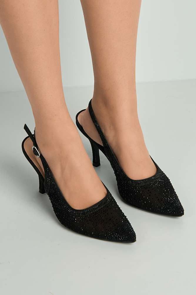Miss Diva Women's Aramina Gemstone Embellished Mesh Slingback Court Shoes in Black | Size: 5