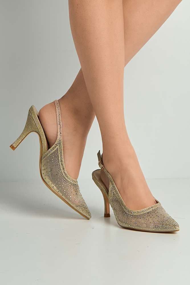 Miss Diva Women's Aramina Gemstone Embellished Mesh Slingback Court Shoes in Gold | Size: 7