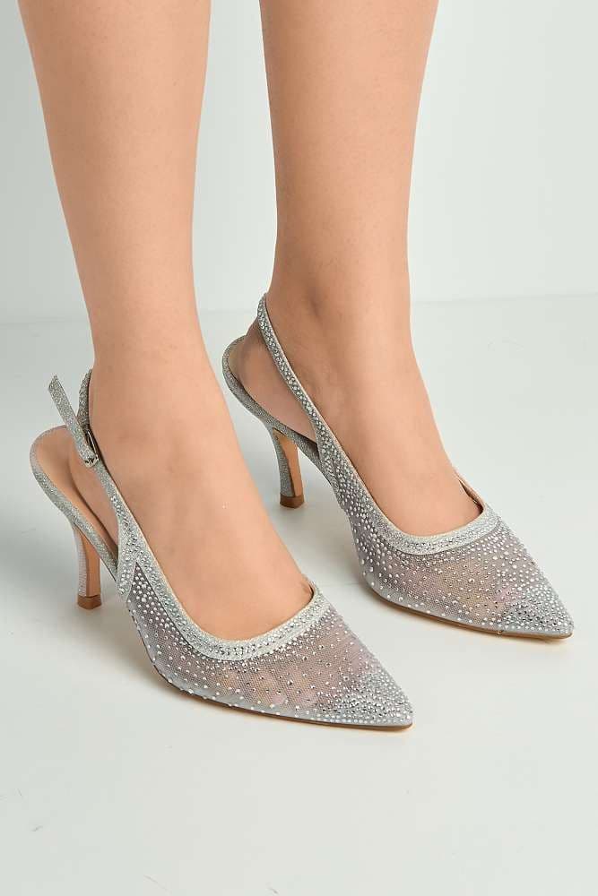 Miss Diva Women's Aramina Gemstone Embellished Mesh Slingback Court Shoes in Silver | Size: 6