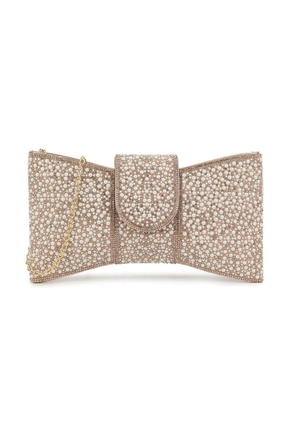 Miss Diva Women's Lucille Diamante Encrusted Bow Envelope Clutch Bag in Rose Gold