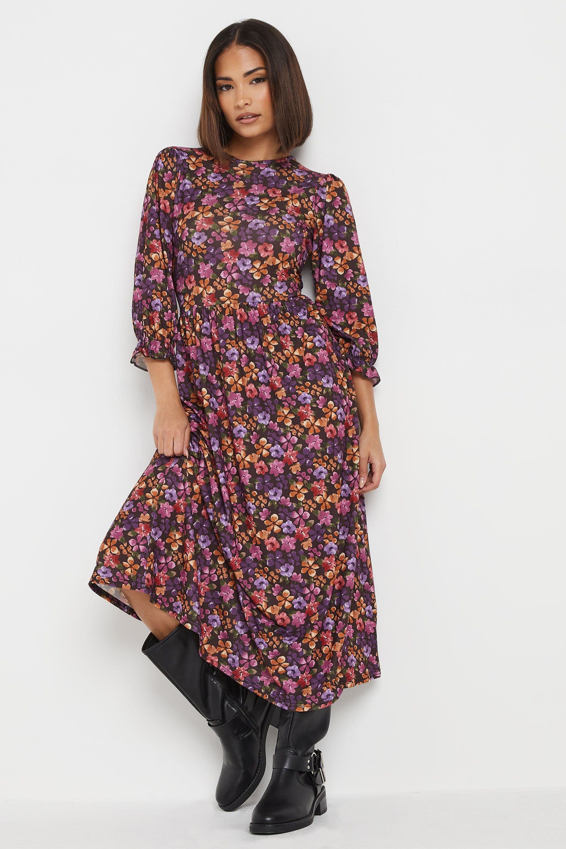 PixieGirl Women's Petite Floral Midi Dress in Purple | Size: 10