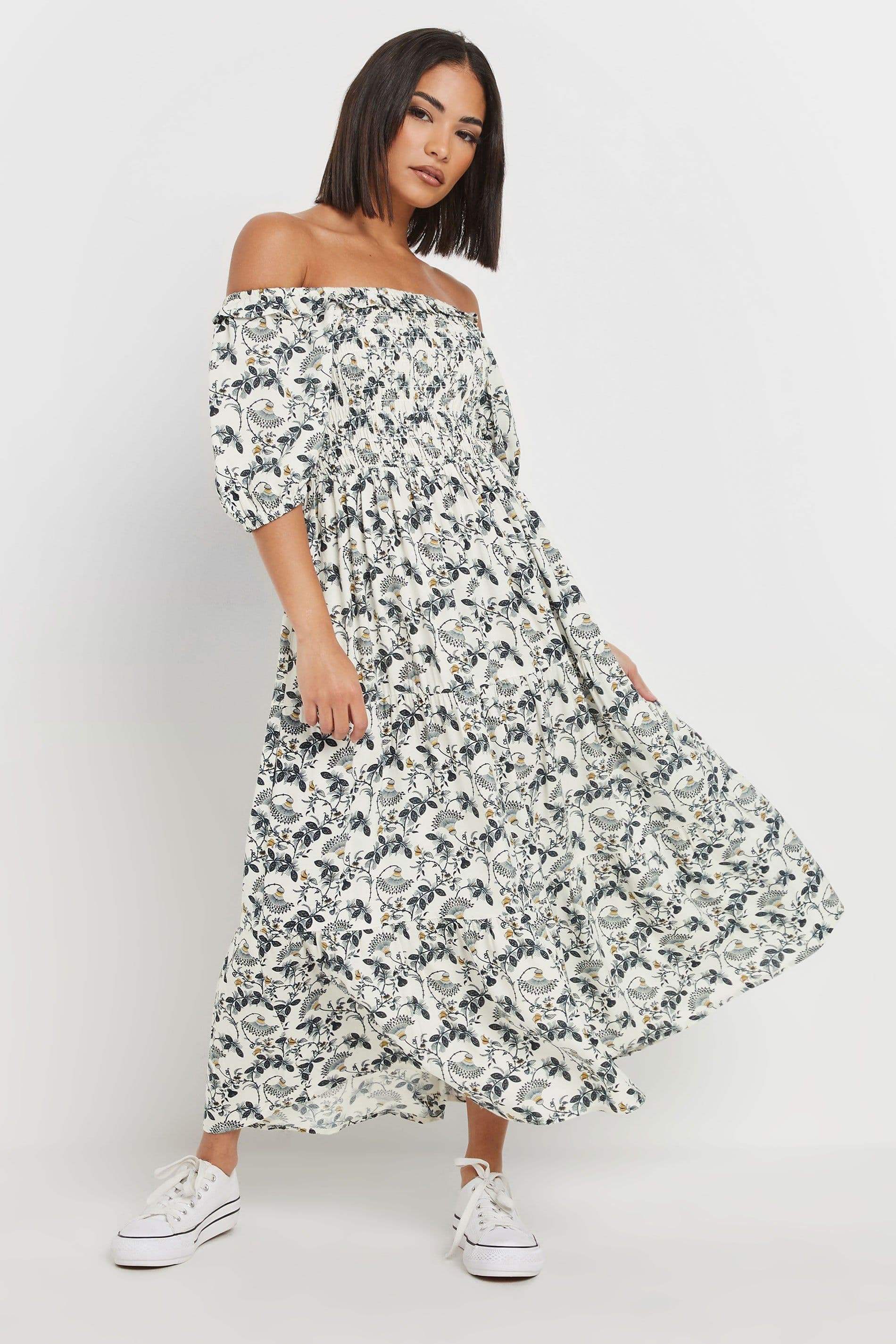 PixieGirl Women's Petite Paisley Floral Bardot Dress in White | Size: 8