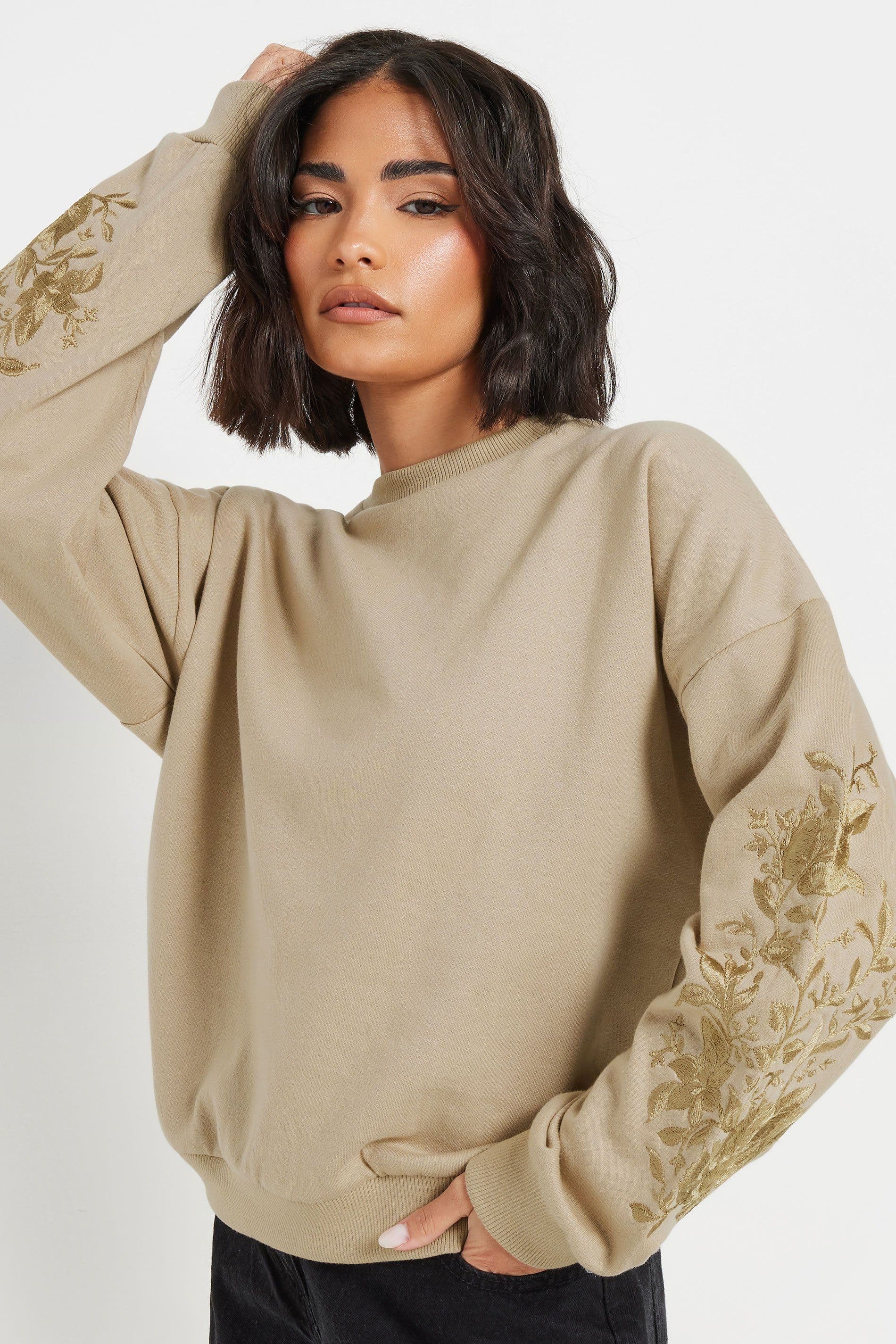 PixieGirl Women's Petite Floral Embroidered Sweatshirt in Brown | Size: 12