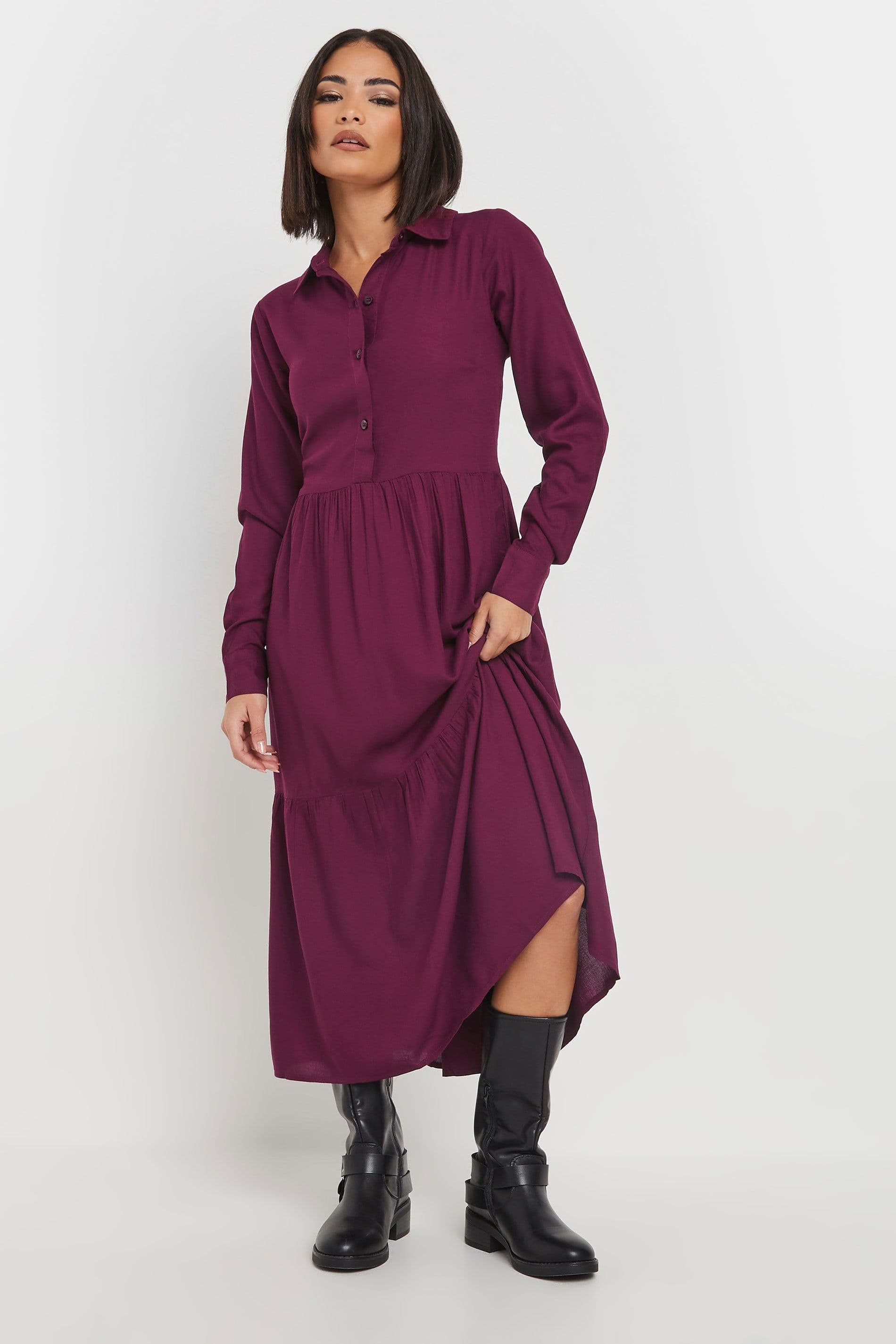 PixieGirl Women's Petite Sleeved Smock Dress in Burgundy | Size: 10