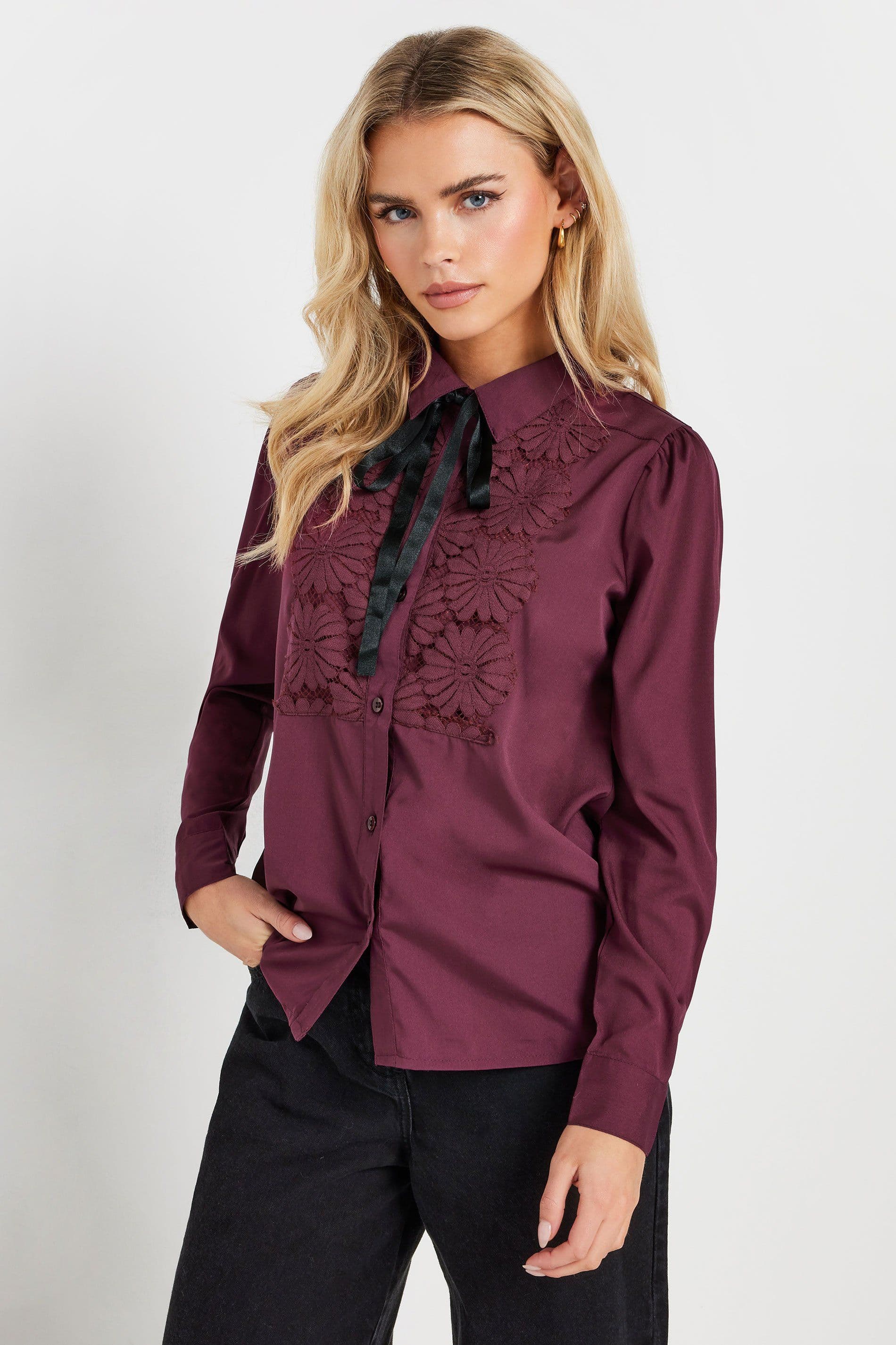 PixieGirl Women's Petite Tie Neck Shirt in Burgundy | Size: 8