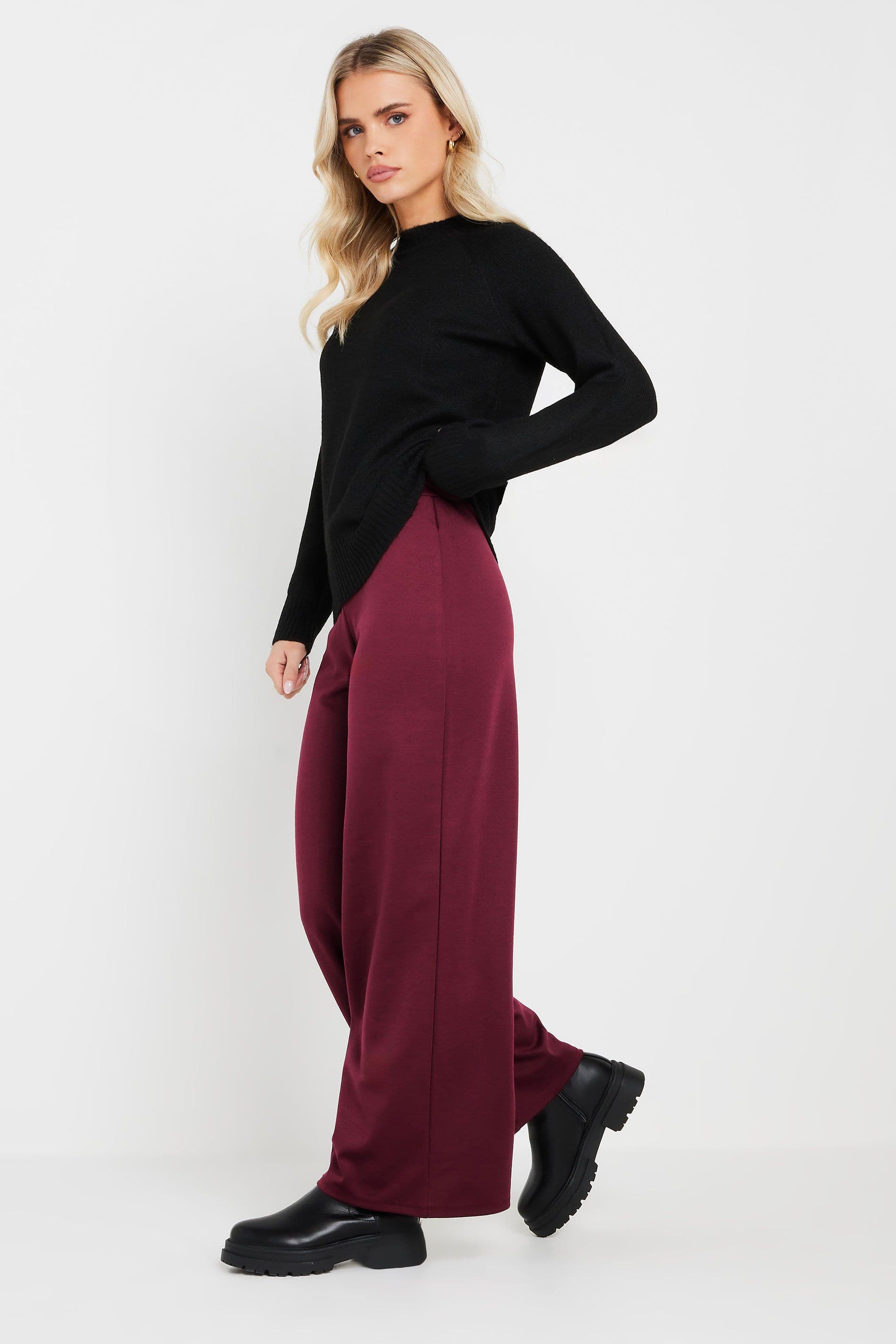 PixieGirl Women's Petite Tailored Wide Leg Trousers in Burgundy | Size: 12