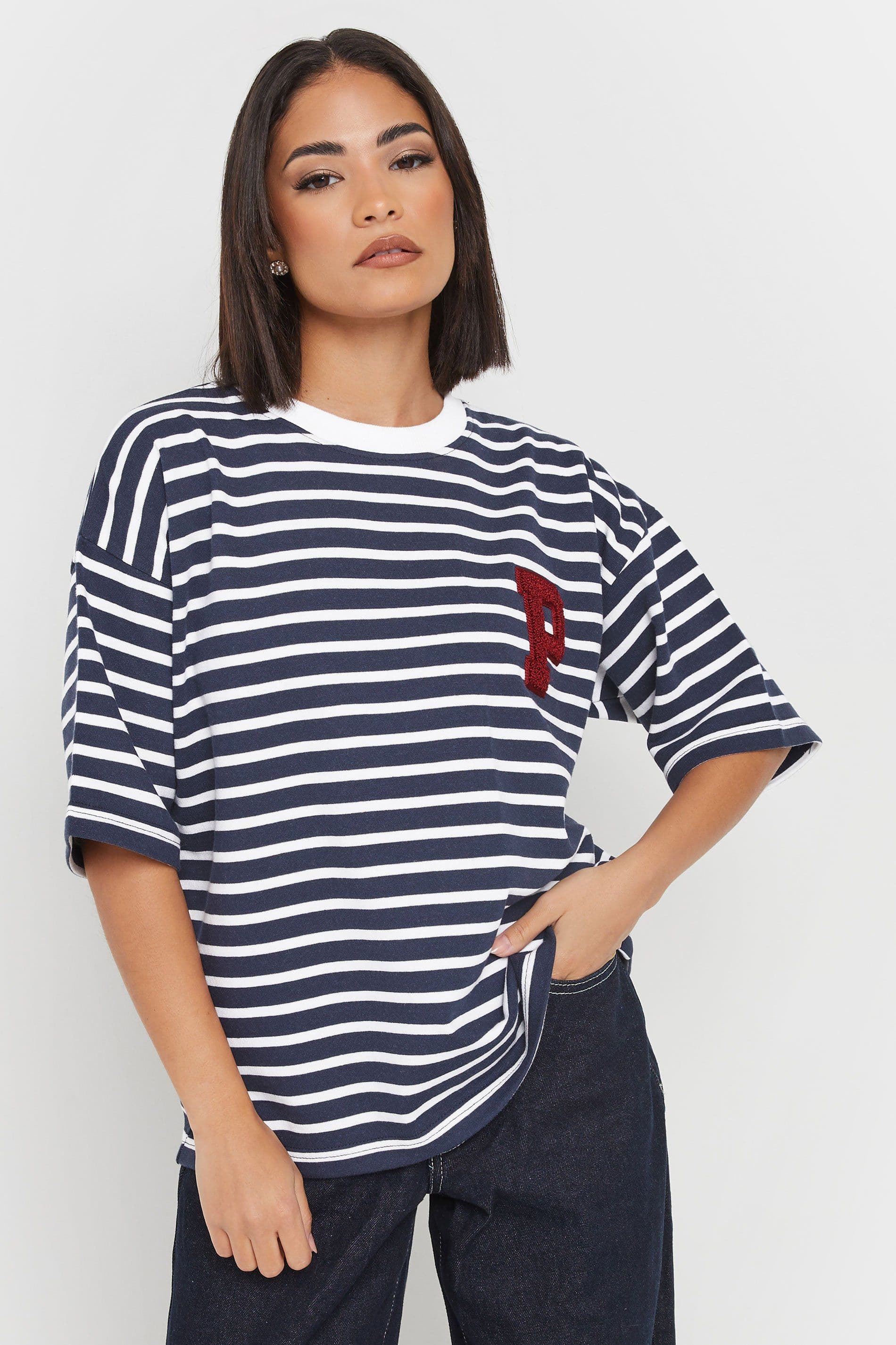 PixieGirl Women's Petite Striped T-Shirt in Dark Navy | Size: 14