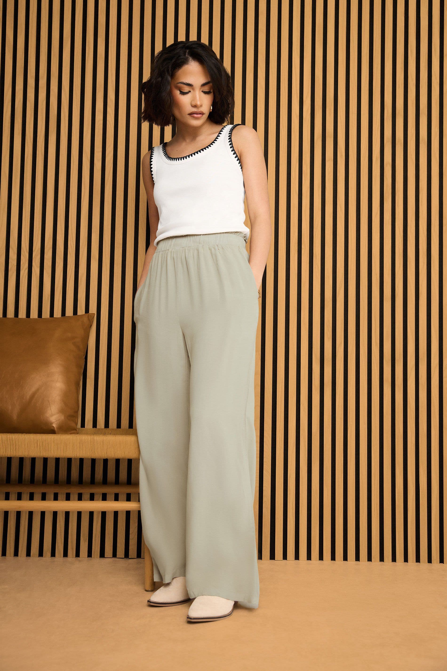 PixieGirl Women's Petite Acid Wash Wide Leg Trousers in Brown | Size: 12