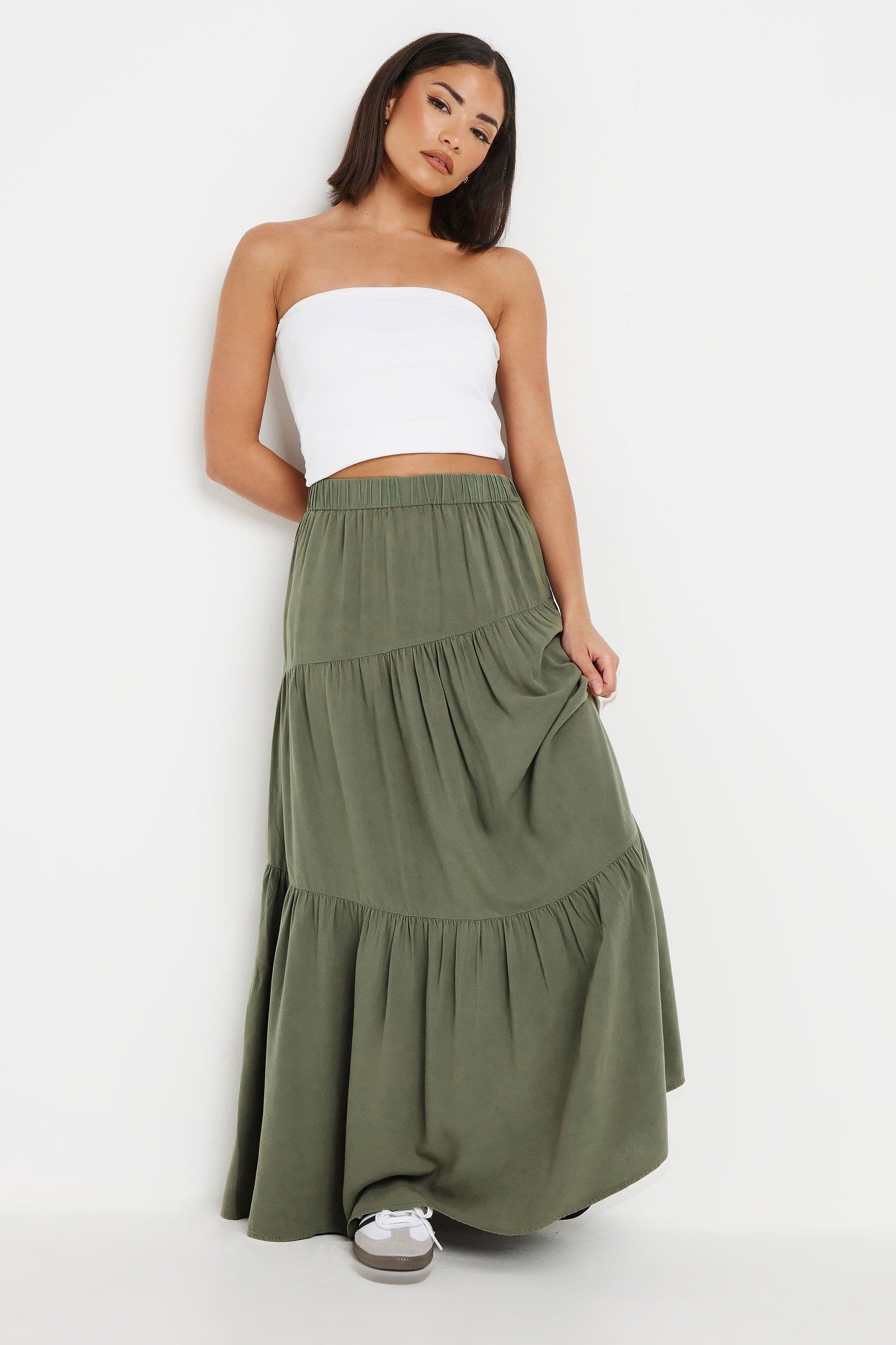 PixieGirl Women's Petite Asymmetric Tiered Maxi Skirt in Light Khaki | Size: 16