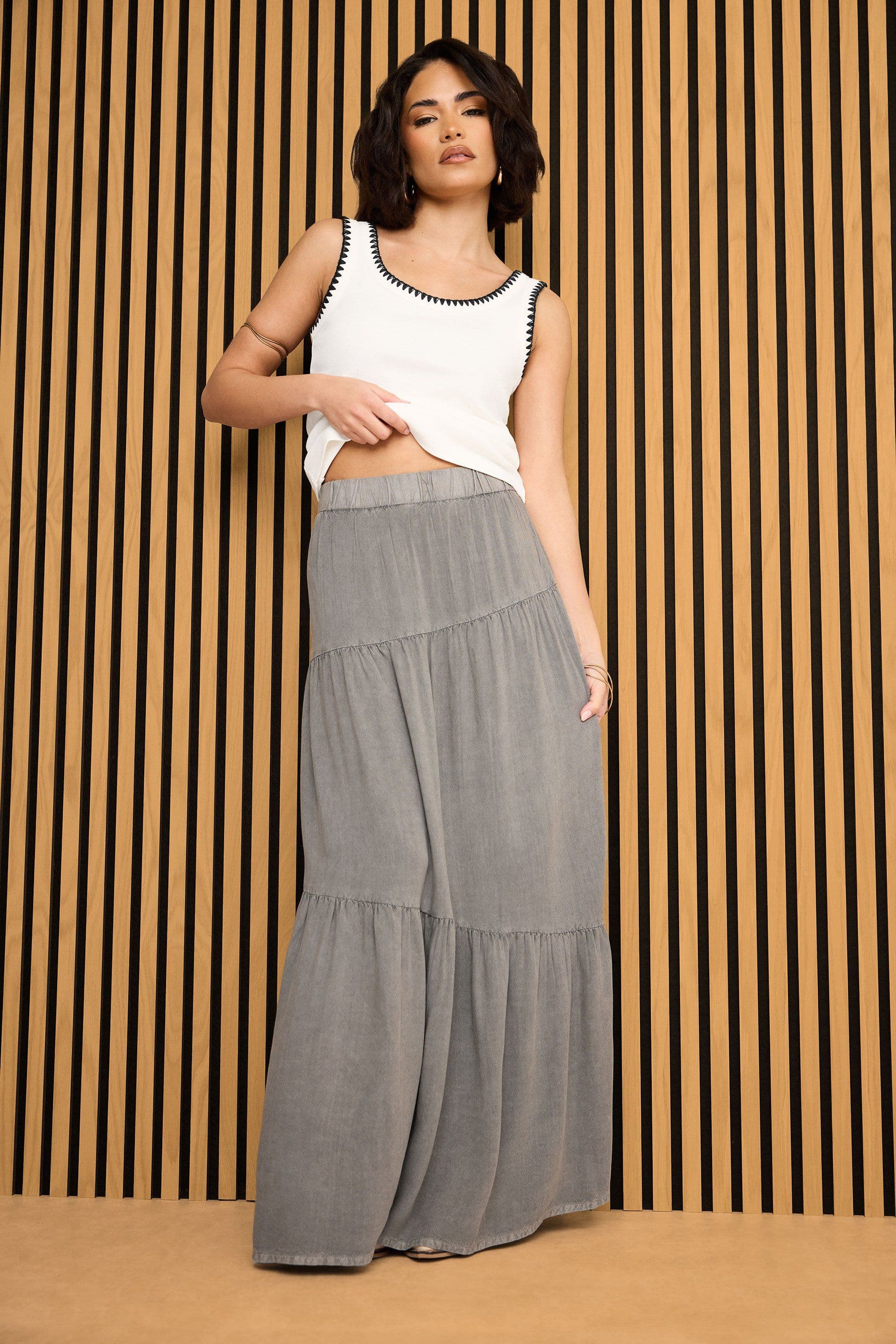 PixieGirl Women's Petite Asymmetric Tiered Maxi Skirt in Charcoal | Size: 8