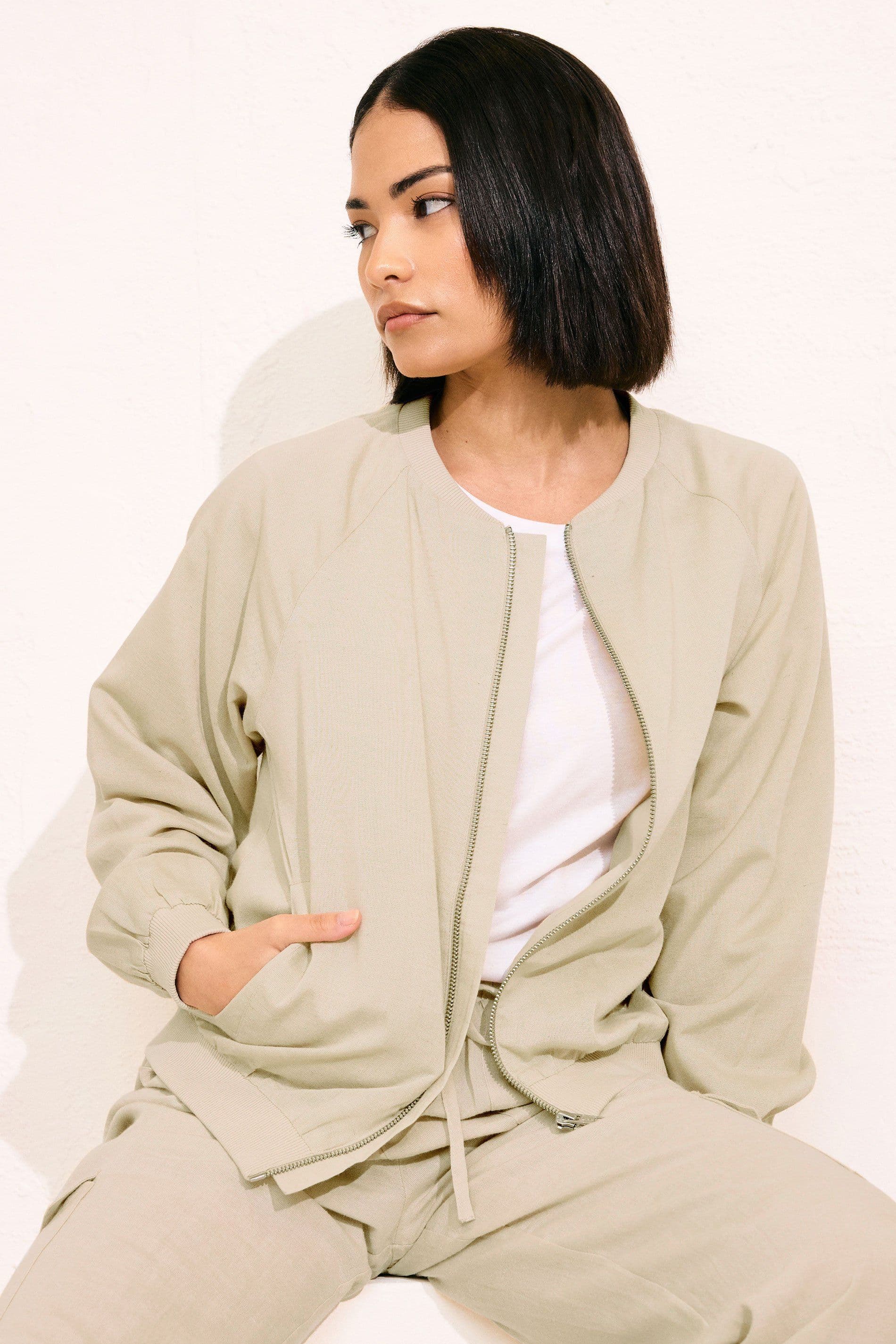 PixieGirl Women's Petite Linen Bomber Jacket in Stone | Size: 14