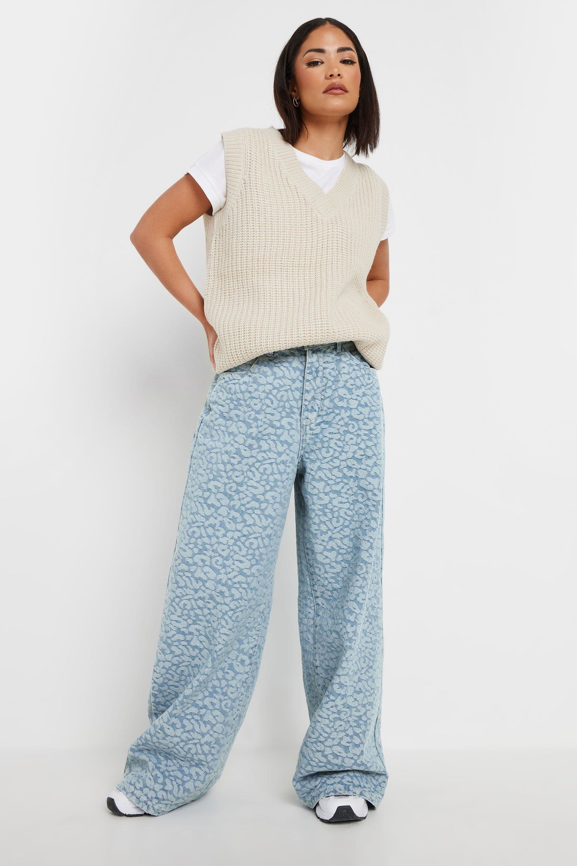PixieGirl Women's Petite Denim Leopard Wide Leg Jeans in Blue | Size: 14
