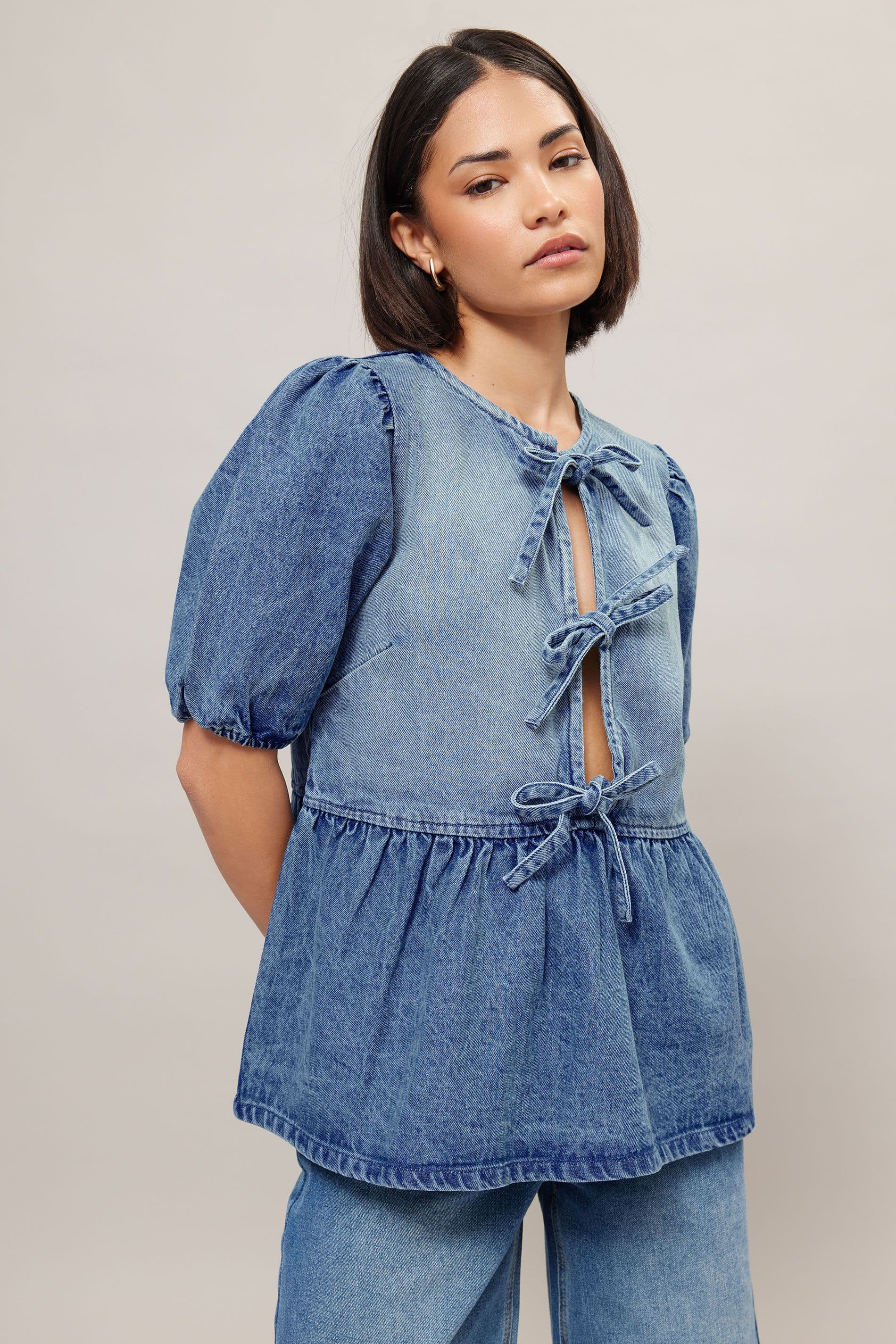 PixieGirl Women's Petite Denim Peplum Top in Blue | Size: 14