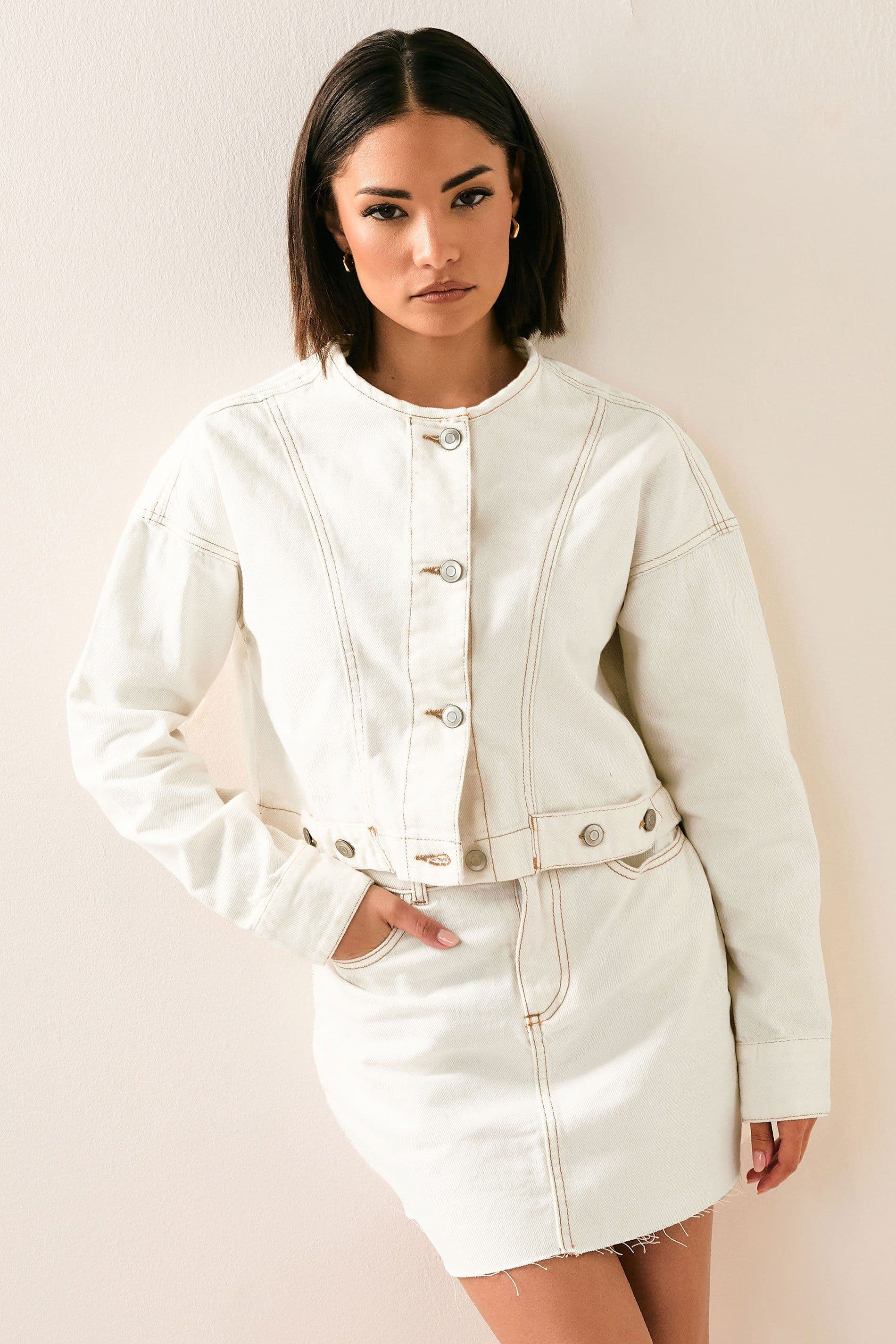 PixieGirl Women's Petite Collarless Denim Jacket in Cream | Size: 14