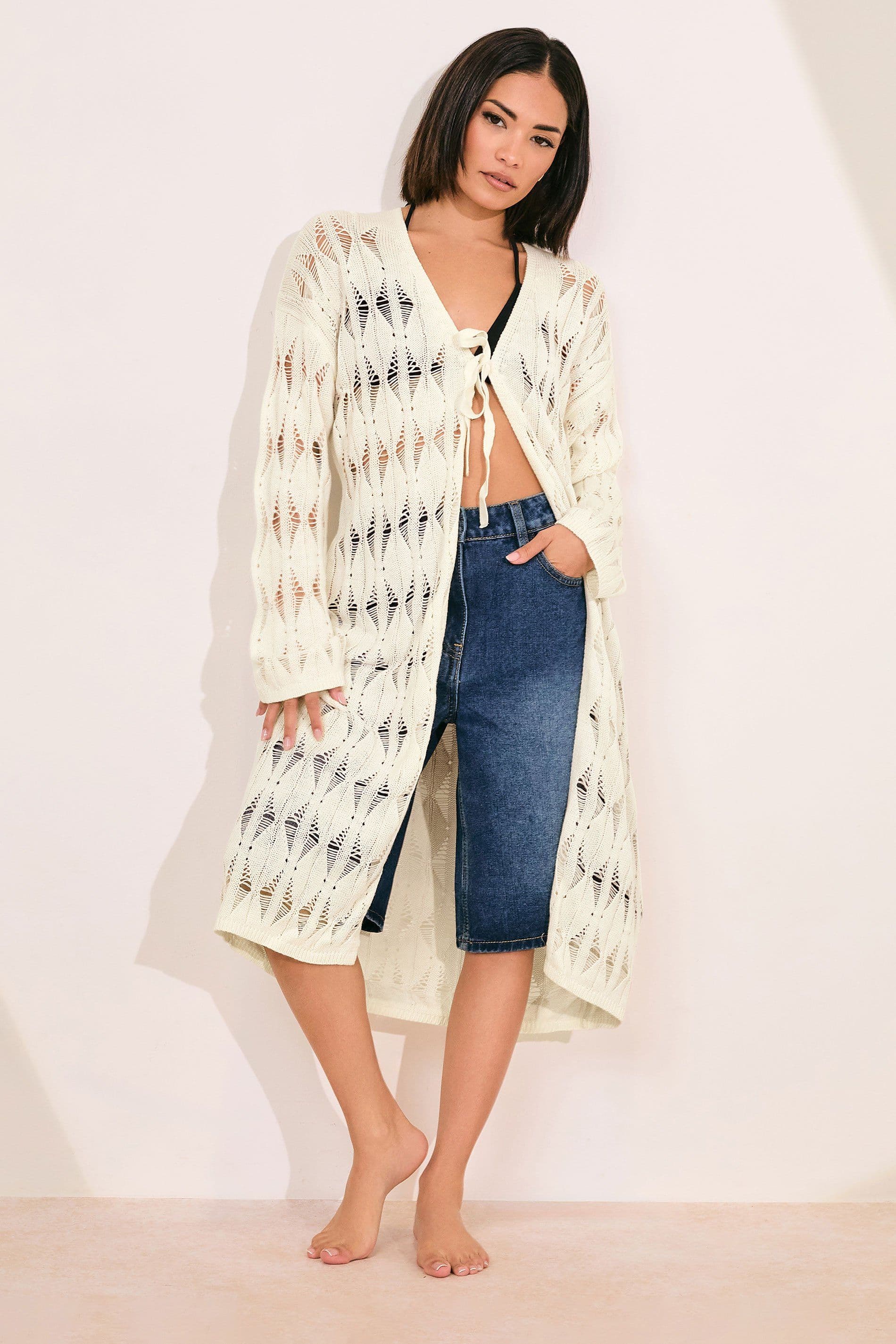 PixieGirl Women's Petite Crochet Cardigan in Ivory | Size: 16-18
