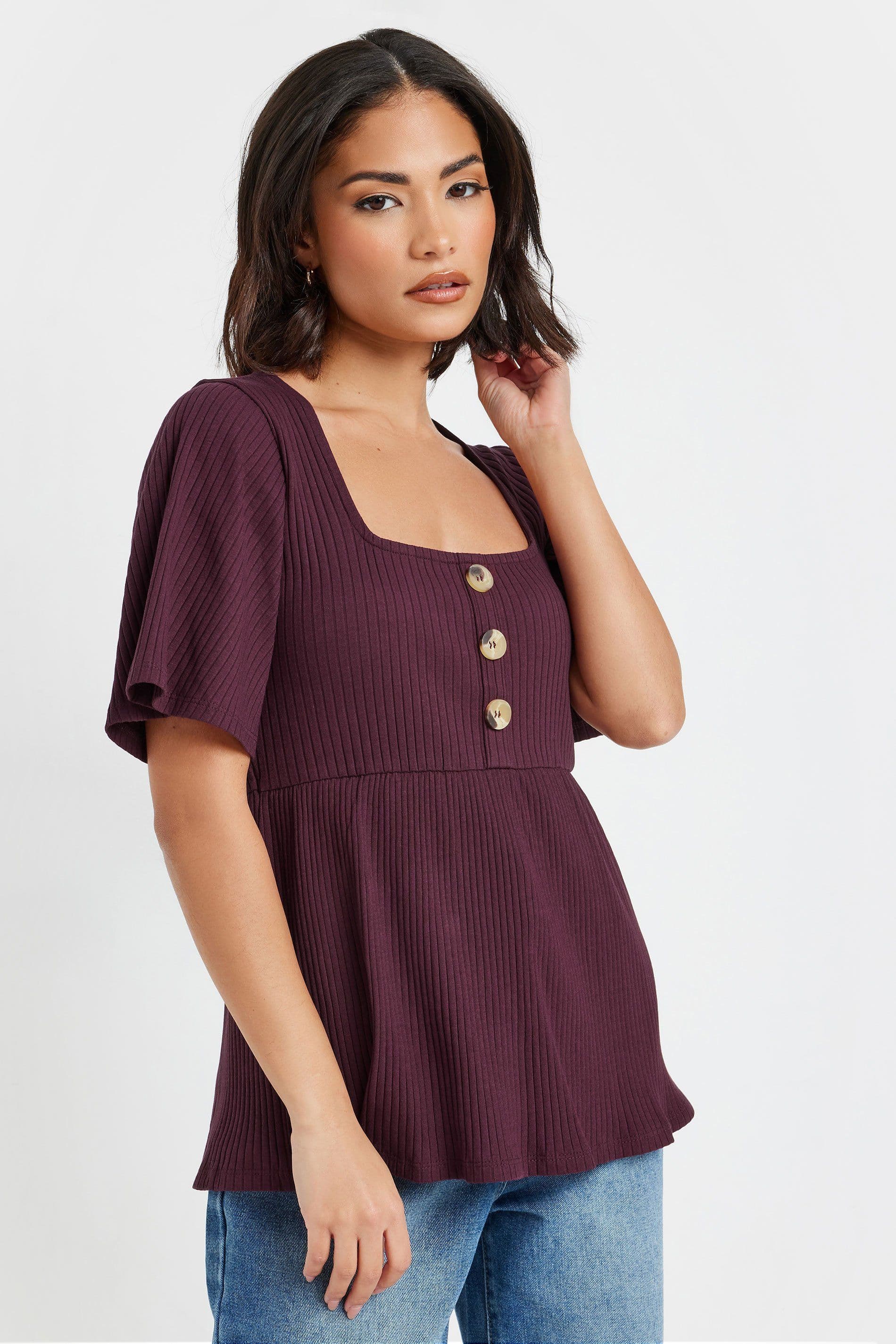 PixieGirl Women's Petite Ribbed Smock Top in Burgundy | Size: 8