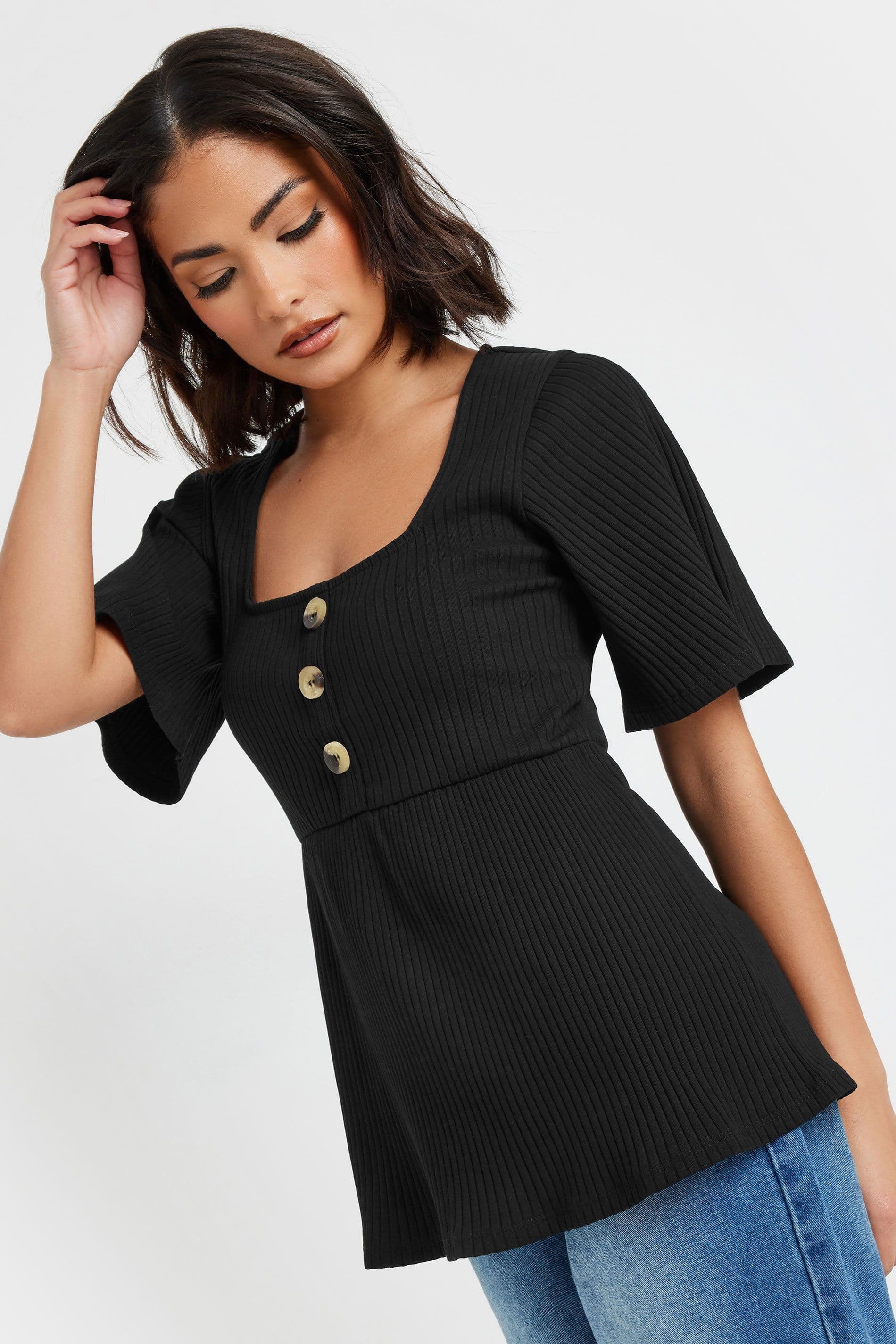 PixieGirl Women's Petite Ribbed Smock Top in Black | Size: 8