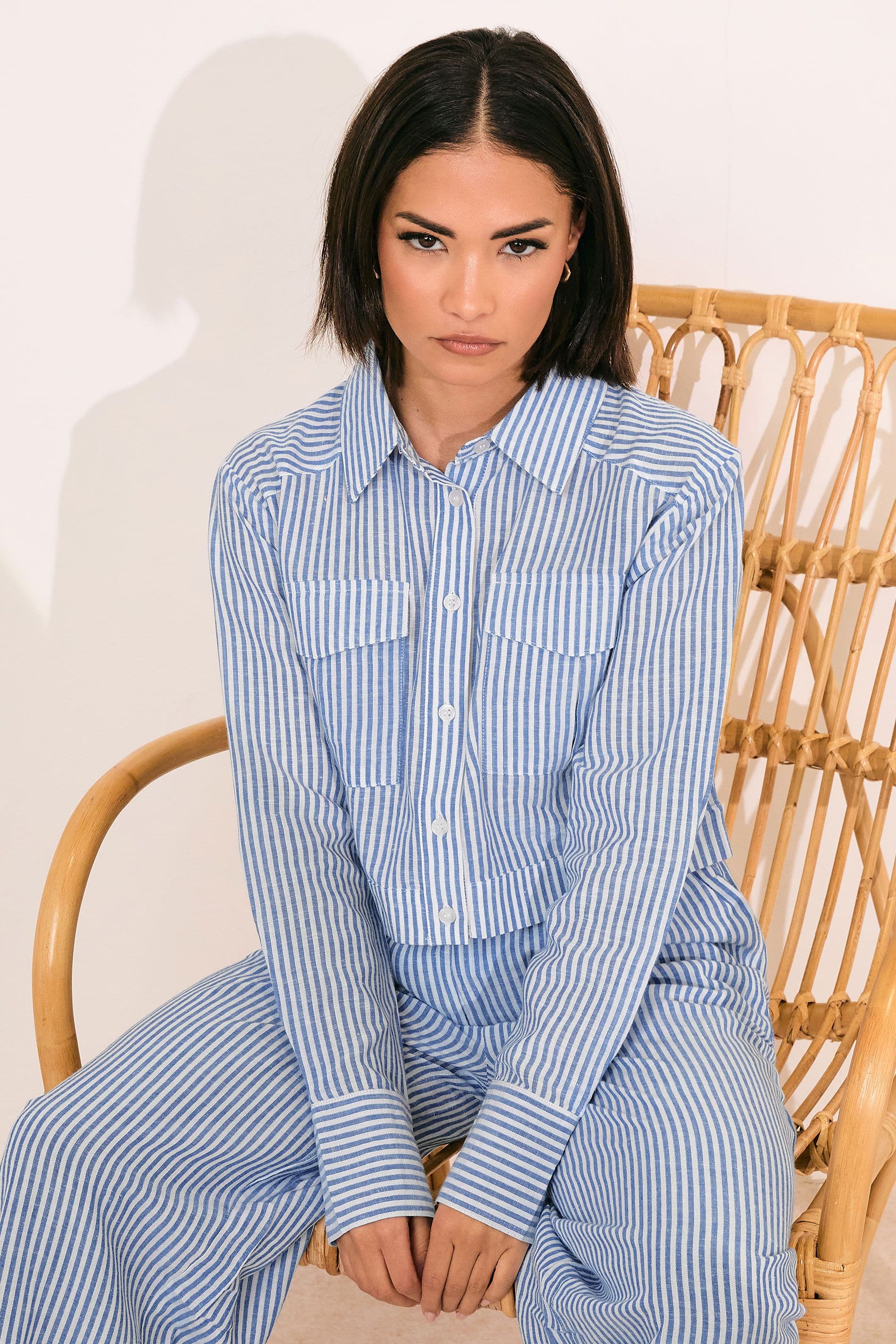PixieGirl Women's Petite Linen Stripe Shirt in Blue | Size: 8