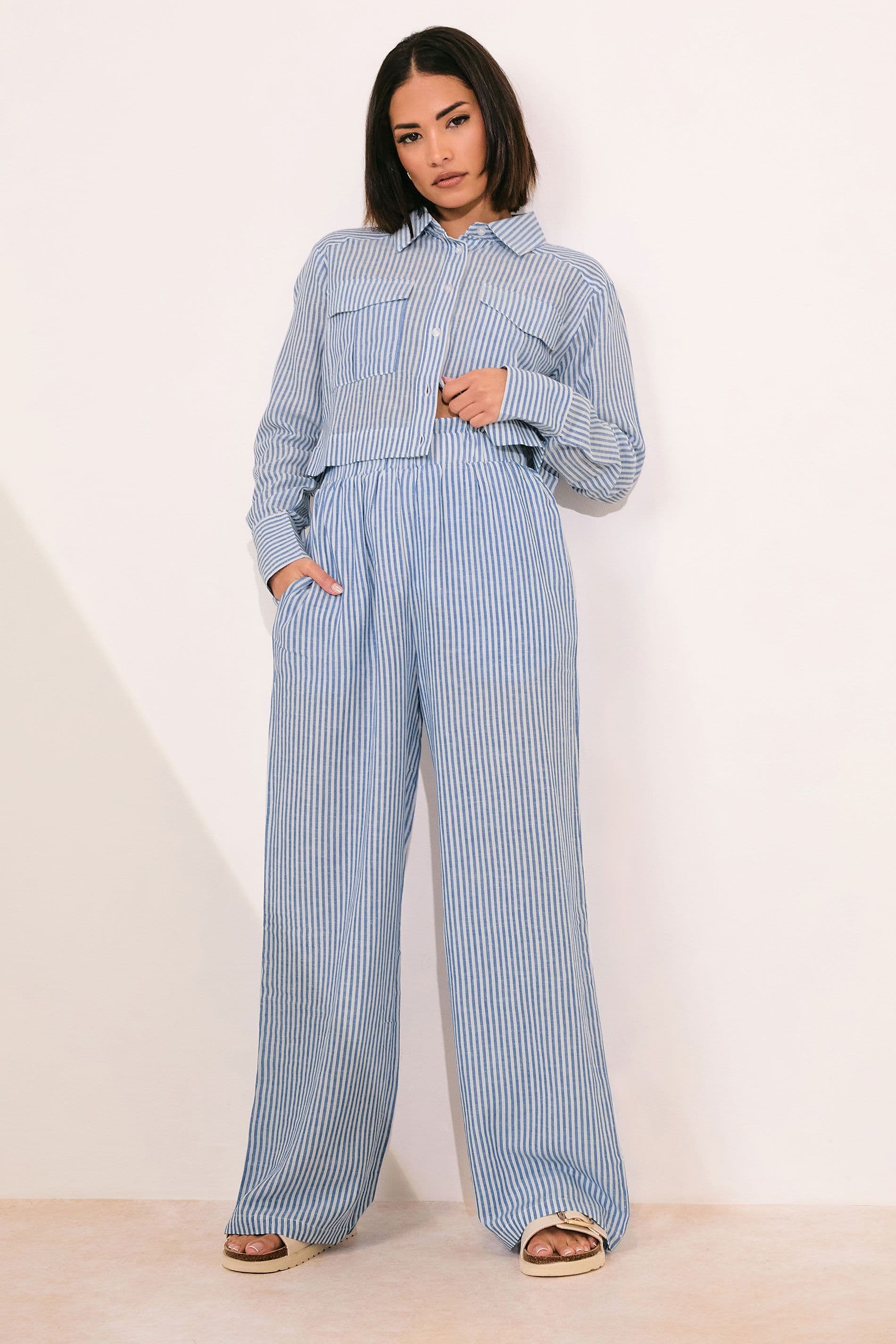 PixieGirl Women's Petite Linen Stripe Wide Leg Trousers in Blue | Size: 14