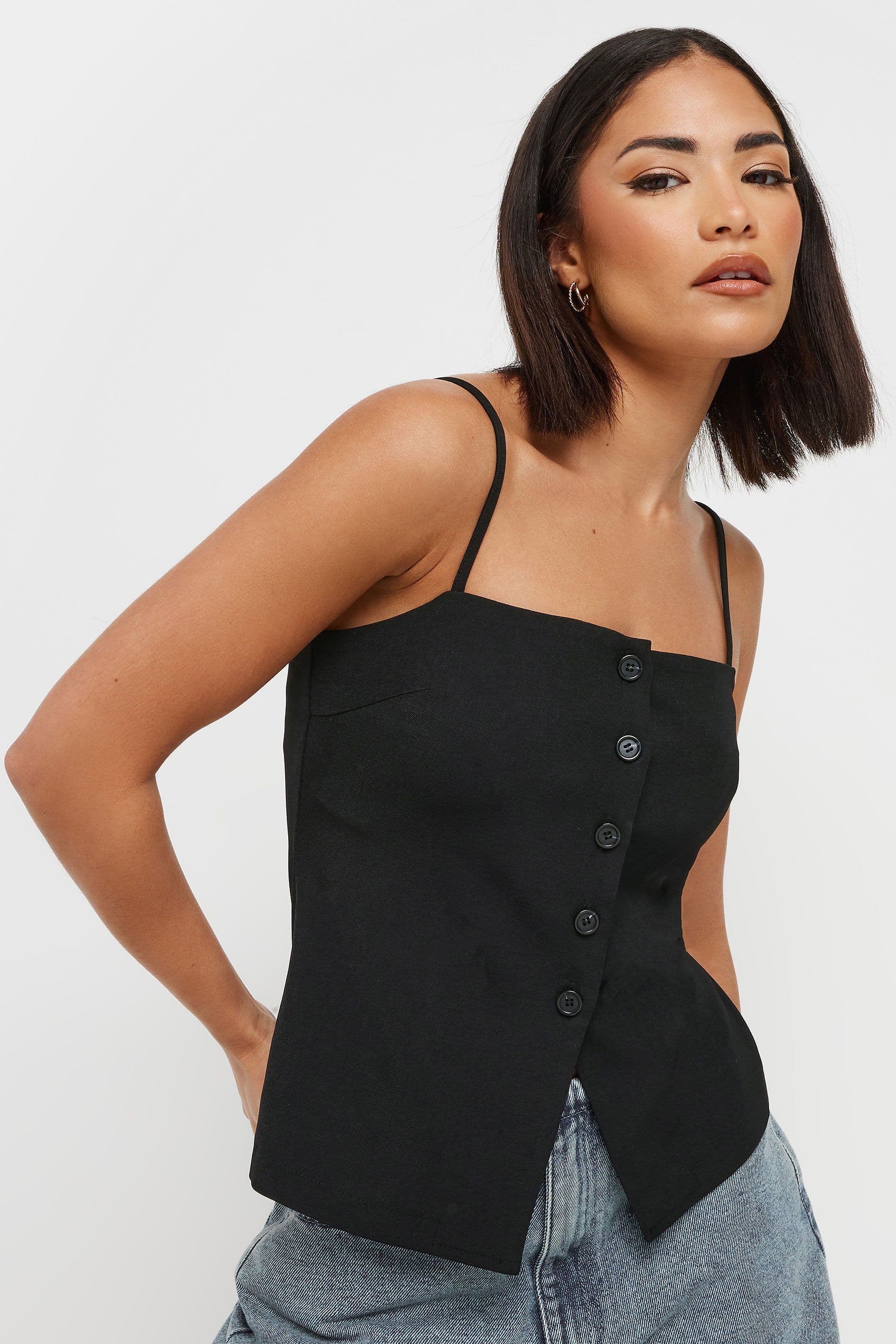 PixieGirl Women's Petite Structured Button Vest Top in Black | Size: 12