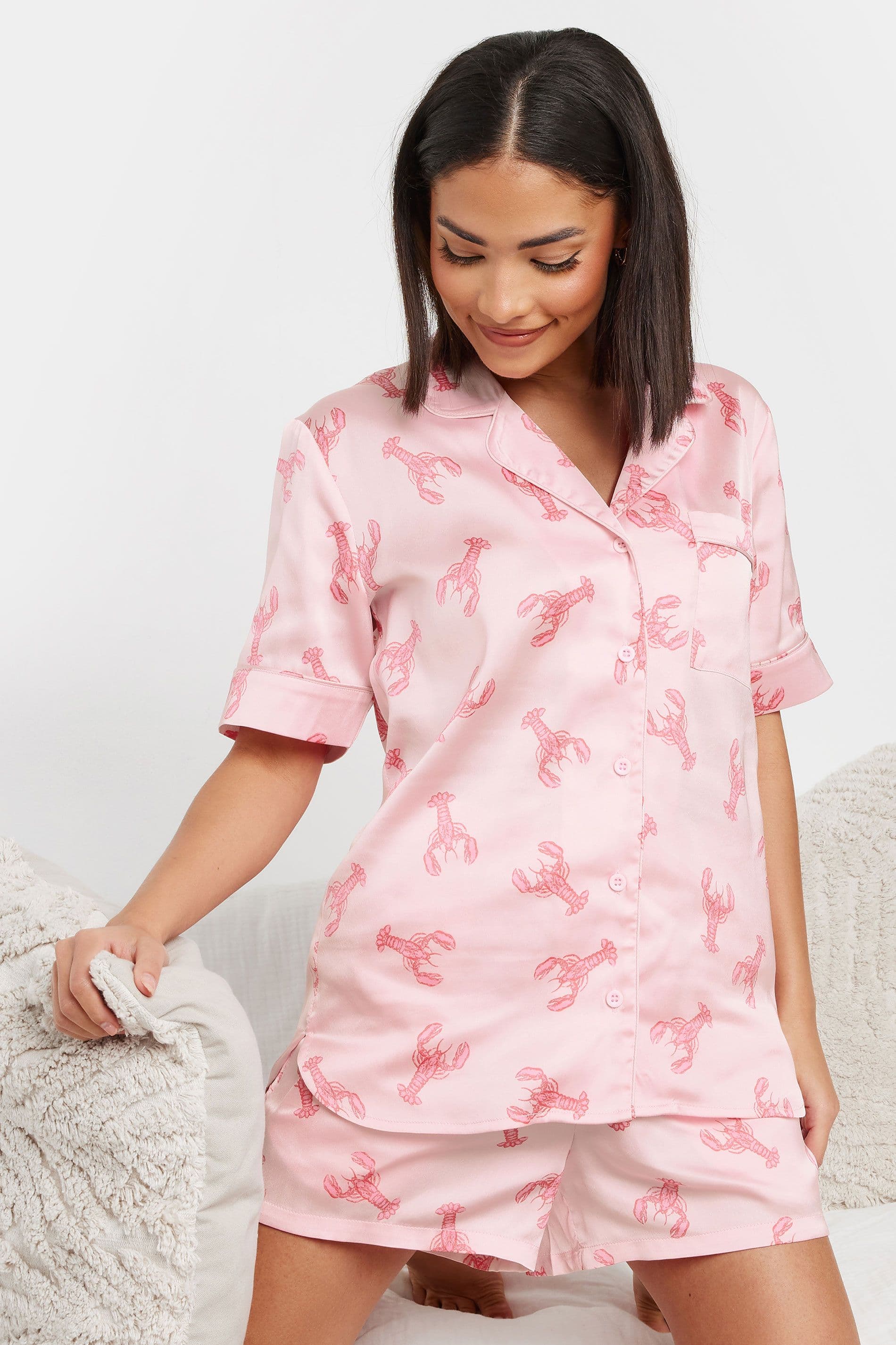 PixieGirl Women's Petite Satin Lobster Pyjama Set in Pink | Size: 14-16
