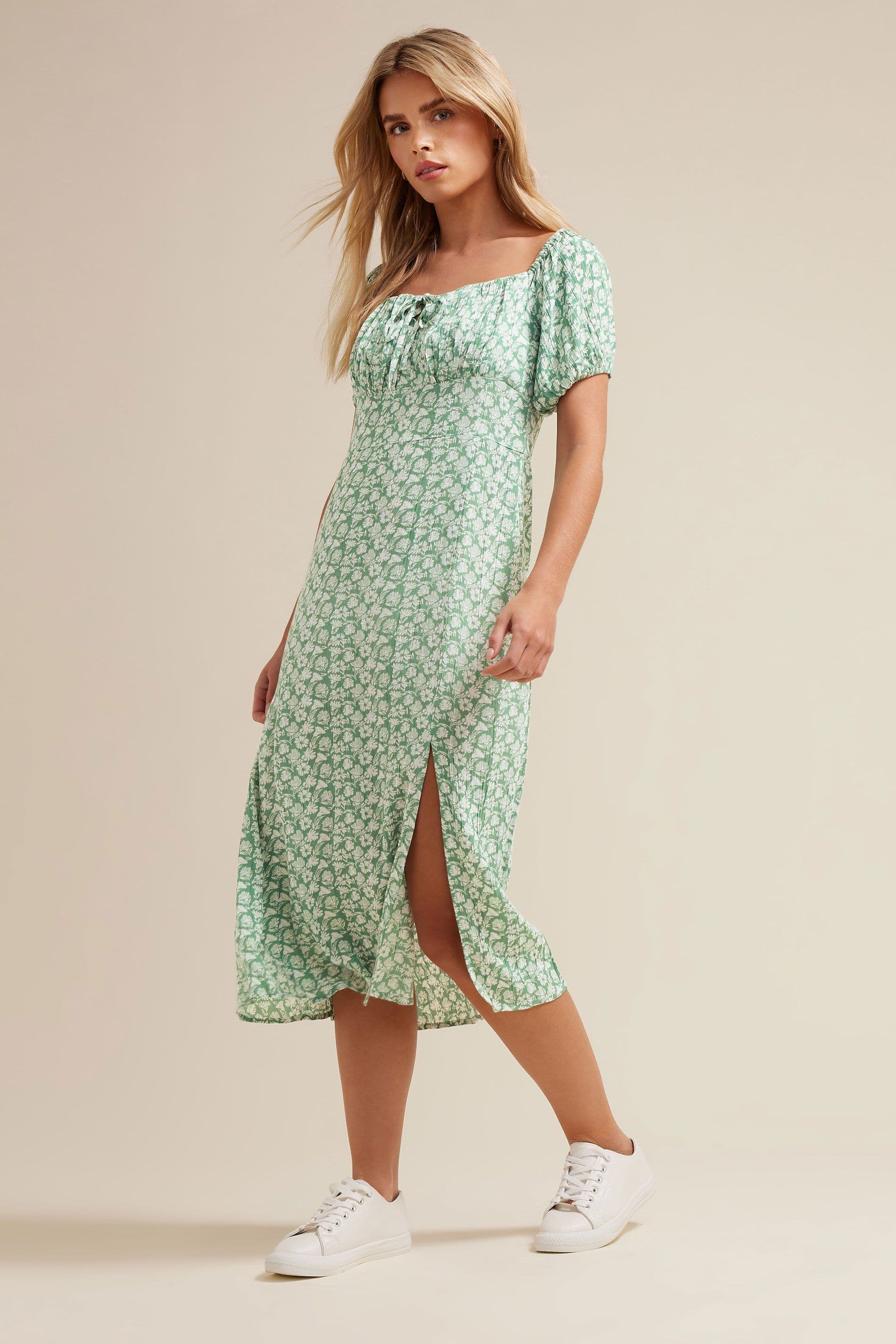 PixieGirl Women's Petite Floral Tie Midi Dress in Light Green | Size: 10