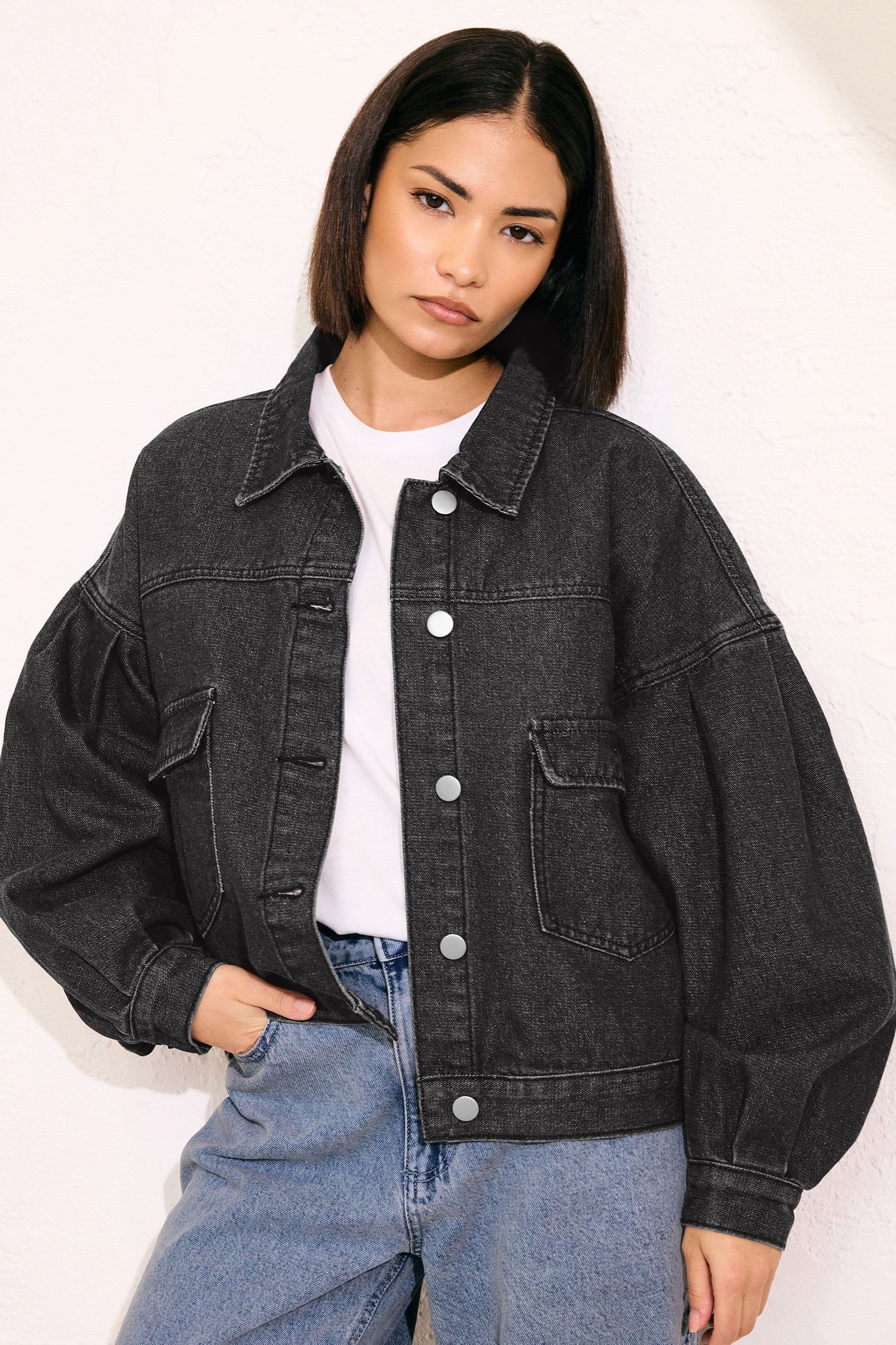PixieGirl Women's Petite Denim Balloon Sleeve Jacket in Black | Size: 8