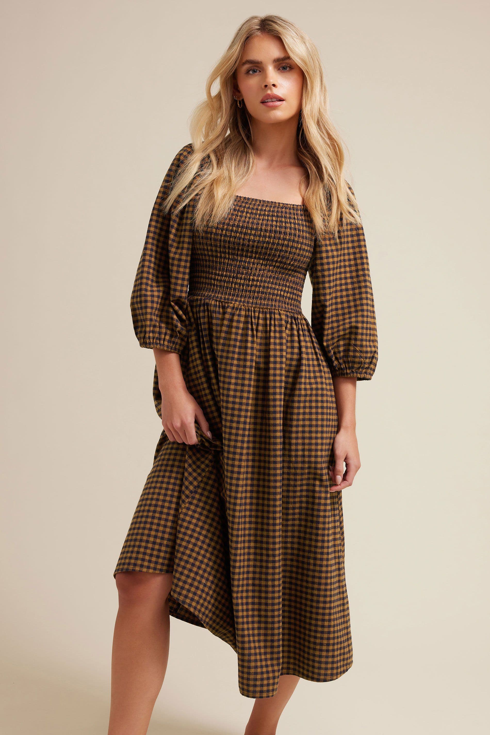 PixieGirl Women's Petite Gingham Puff Sleeve Midi Dress in Brown | Size: 10