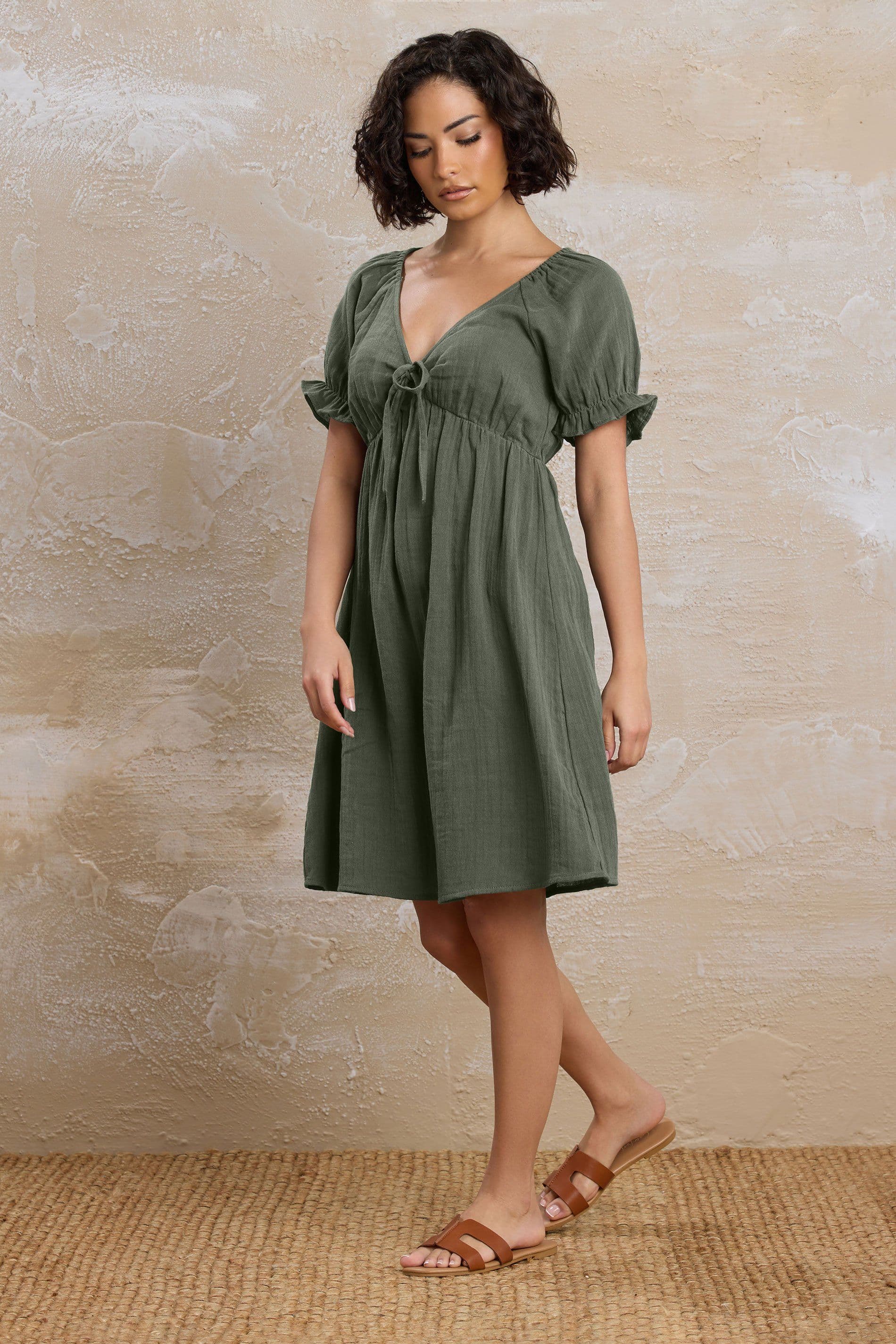 PixieGirl Women's Petite Tie Front Mini Dress in Light Khaki | Size: 10