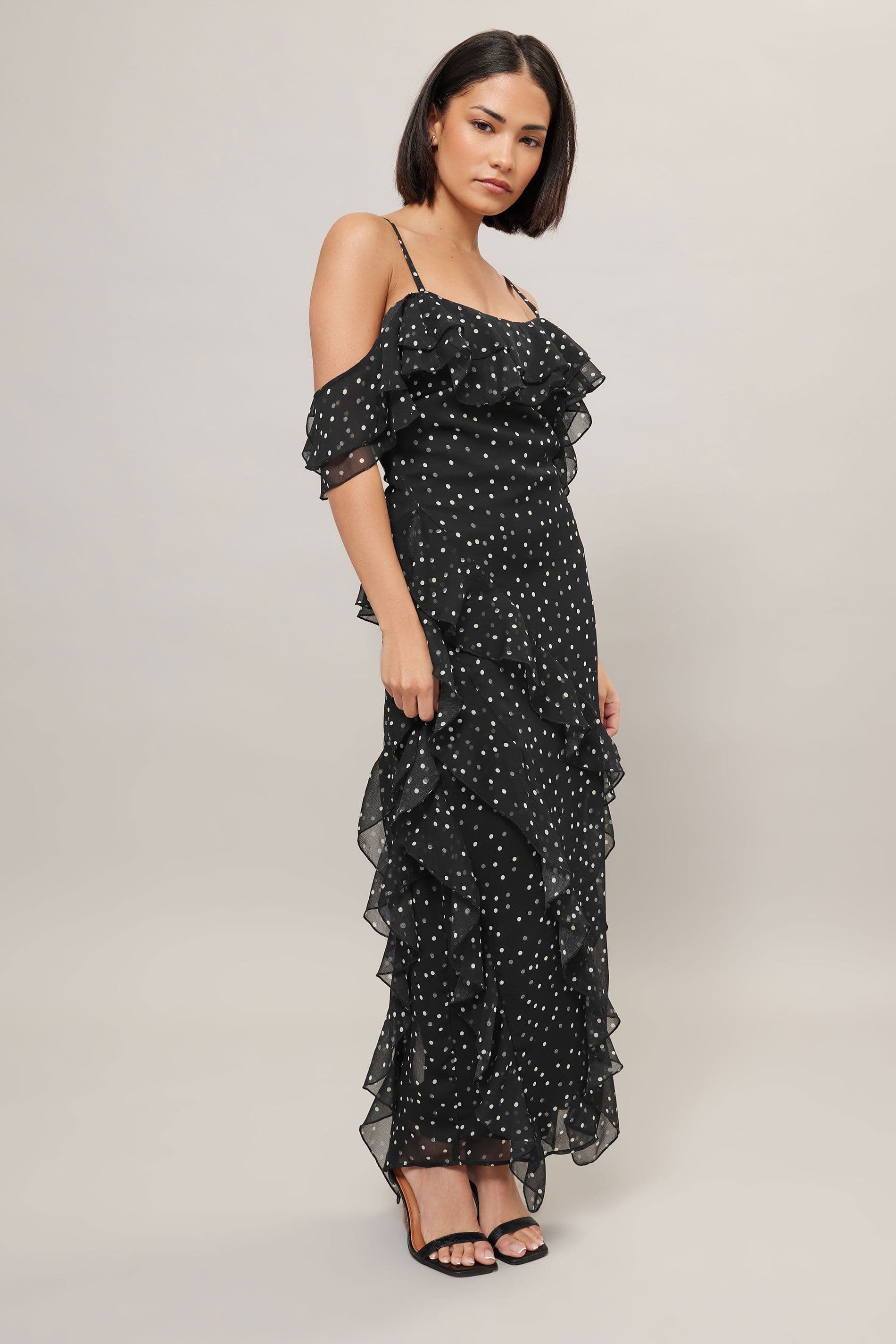 PixieGirl Women's Petite Chiffon Ruffle Maxi Dress in Black | Size: 10