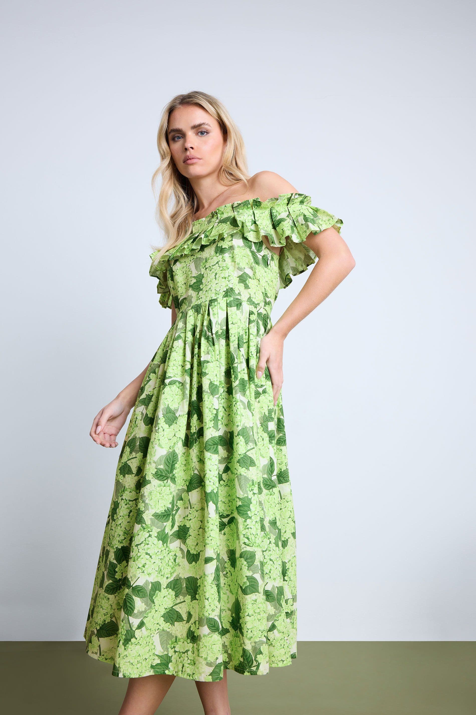 PixieGirl Women's Petite Floral Bardot Midi Dress in Green | Size: 8