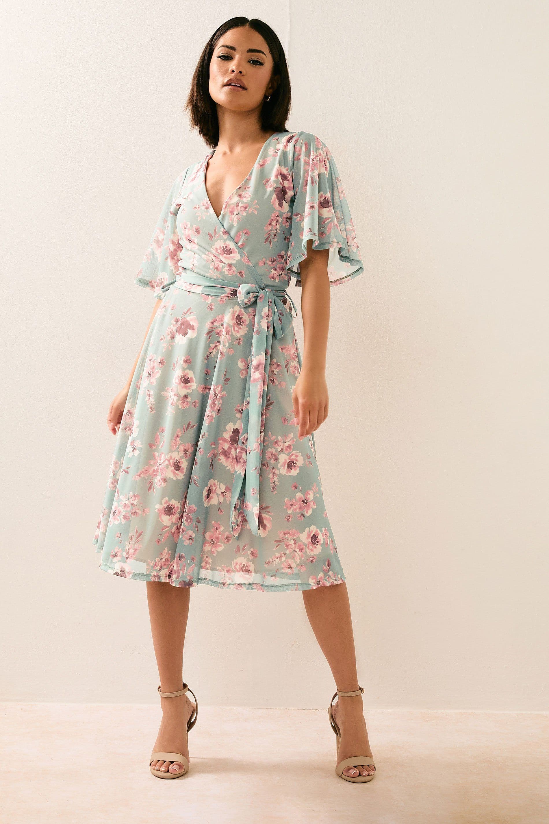PixieGirl Women's Petite Mesh Floral Midi Dress in Light Green | Size: 6