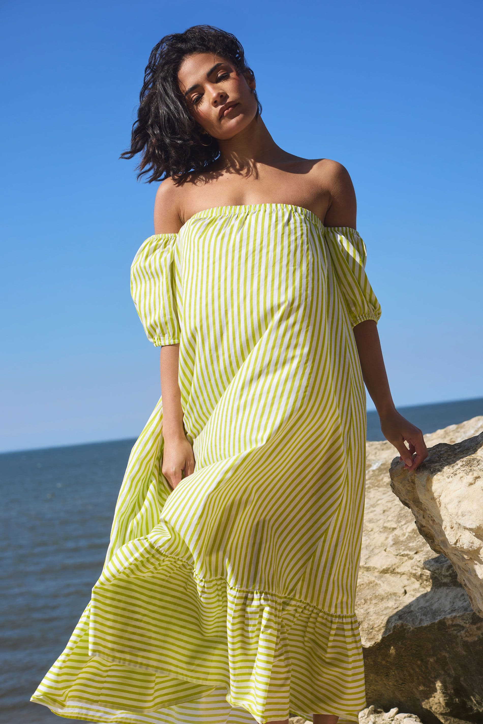 PixieGirl Women's Petite Stripe Bardot Midaxi Dress in Lime | Size: 16