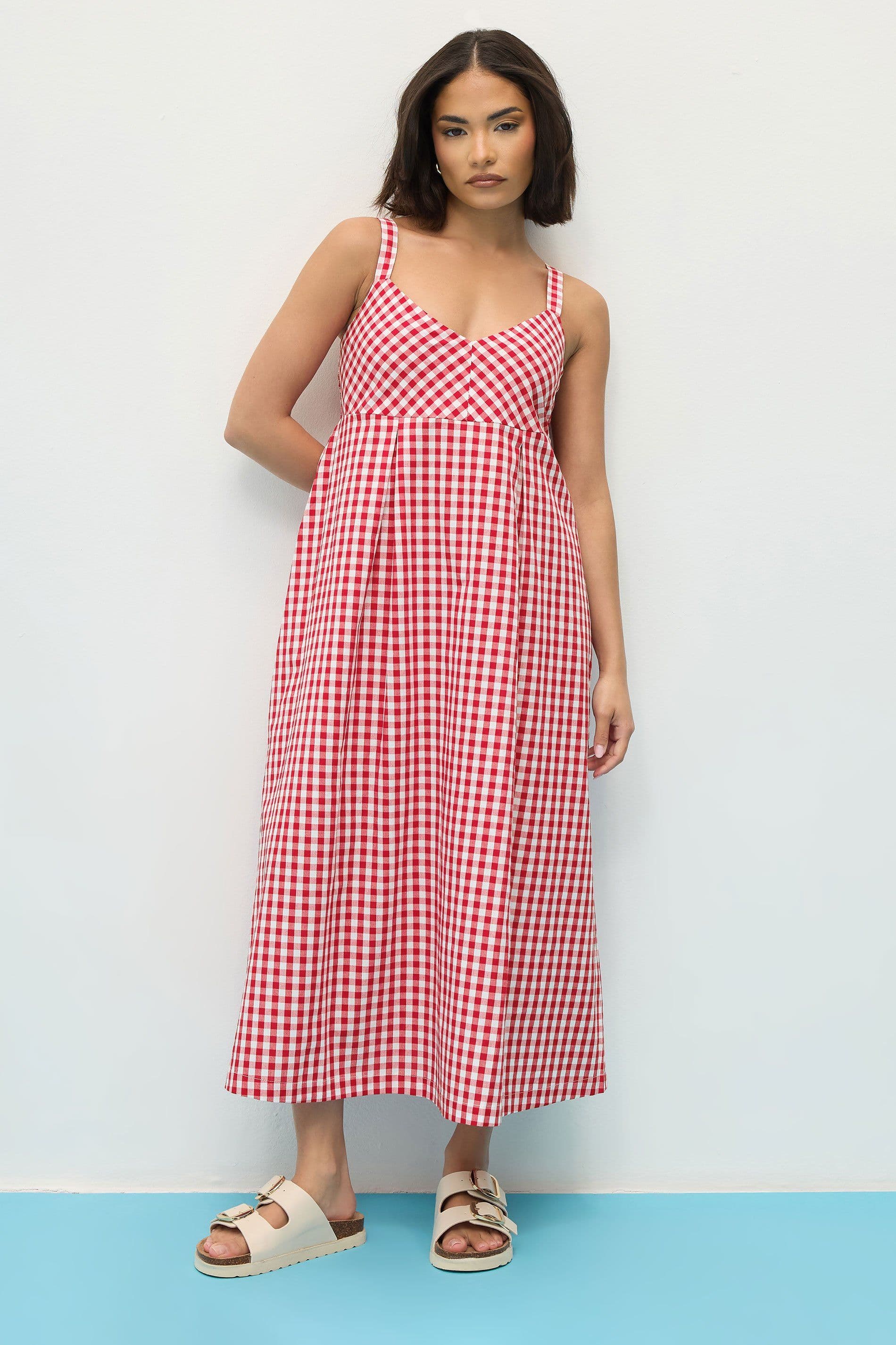 PixieGirl Women's Petite Gingham Midi Dress in Red | Size: 12