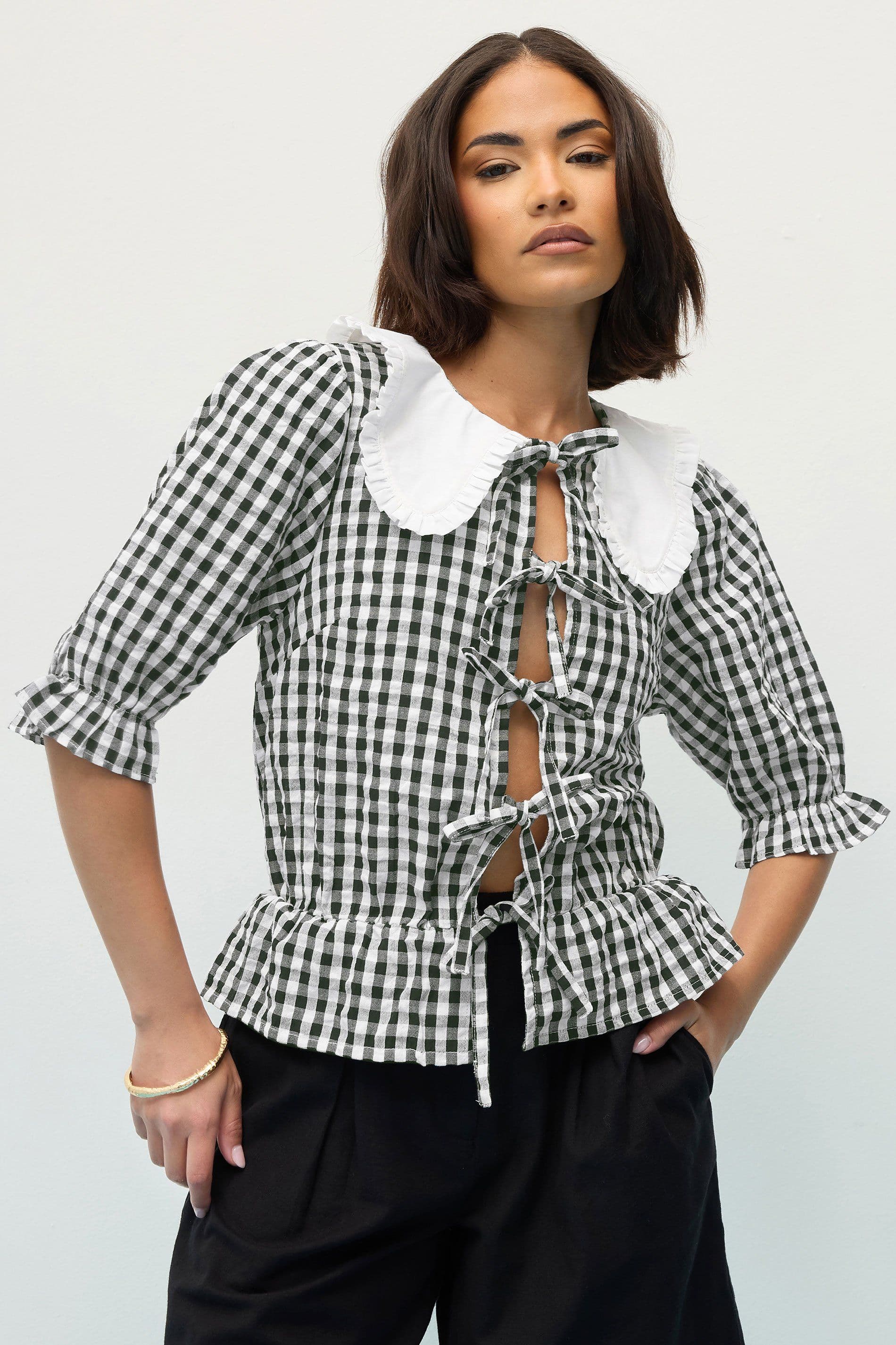 PixieGirl Women's Petite Gingham Tie Front Peplum Top in Black | Size: 18