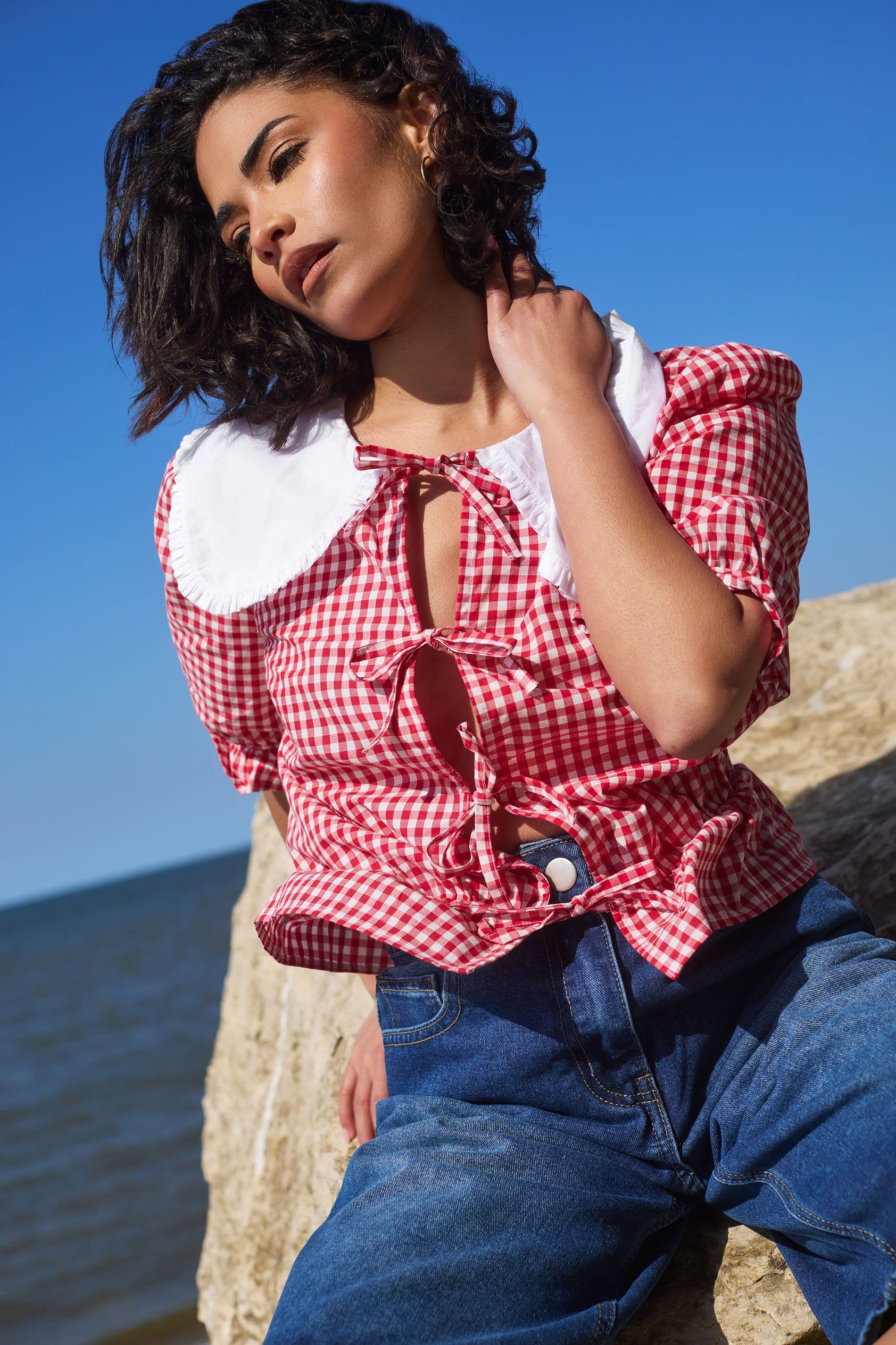 PixieGirl Women's Petite Gingham Tie Front Peplum Top in Red | Size: 6