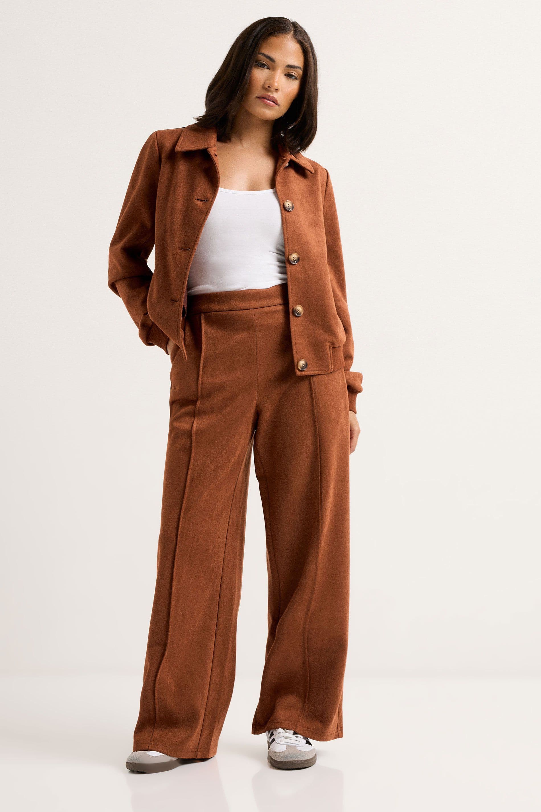 PixieGirl Women's Petite Suedette Wide Leg Trousers in Tan | Size: 14