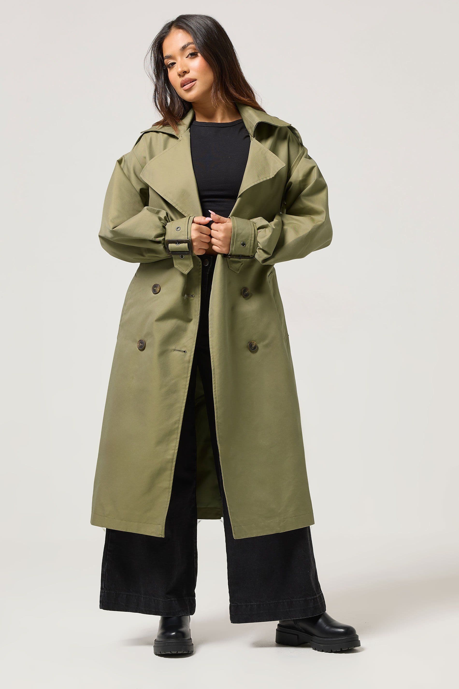 PixieGirl Women's Petite Buckle Trench Coat in Green | Size: 12