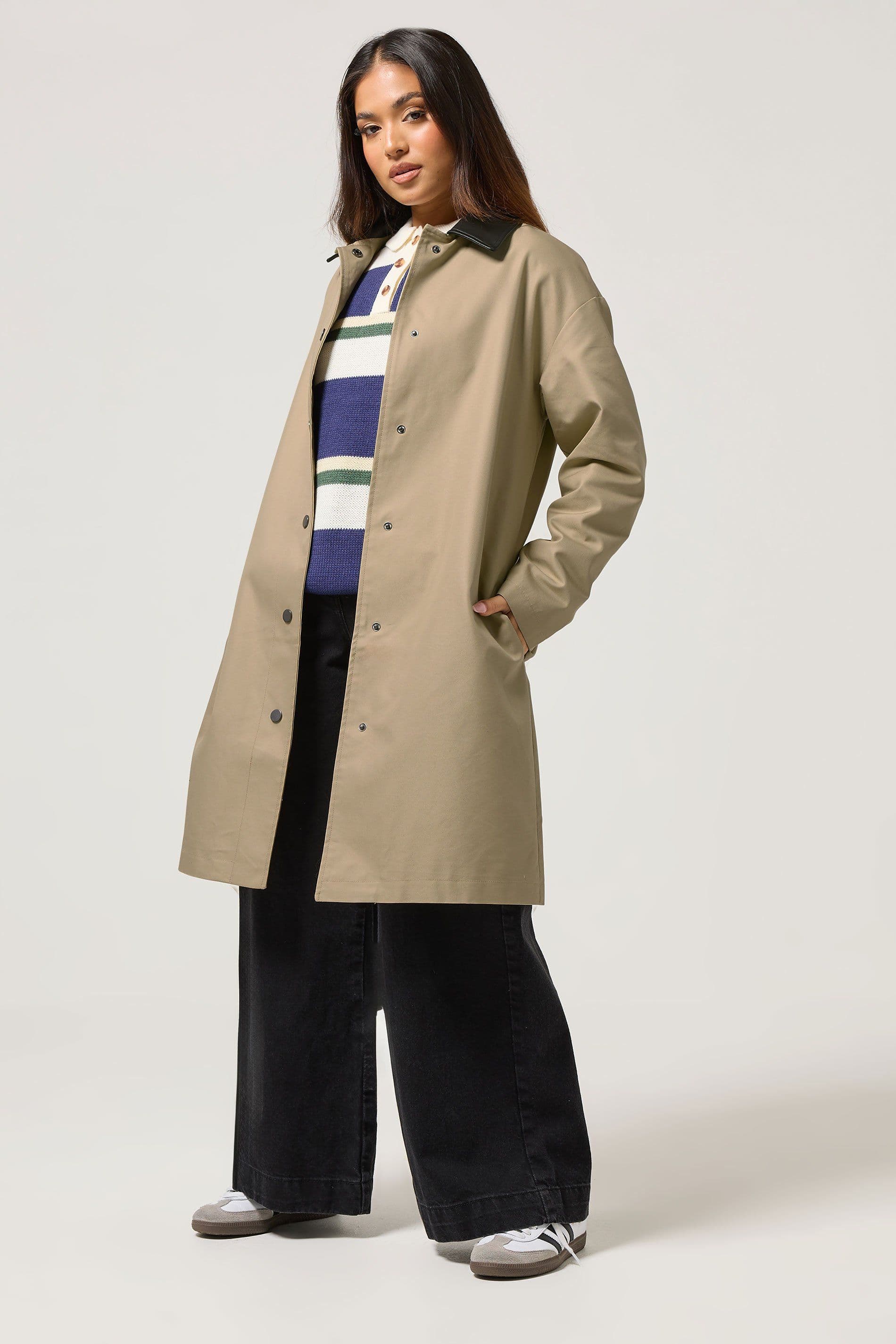 PixieGirl Women's Petite Faux Leather Car Coat in Stone | Size: 8