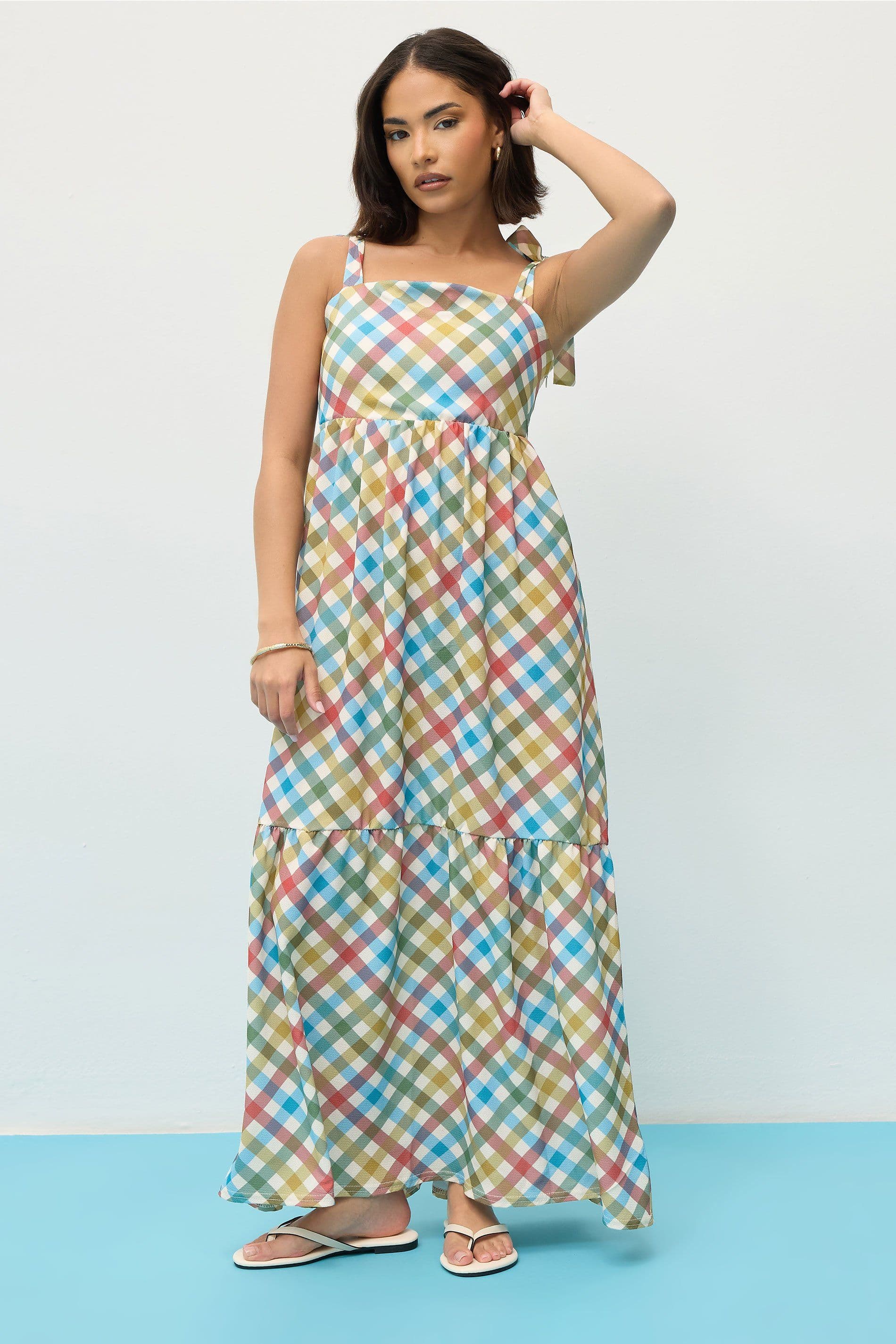 PixieGirl Women's Petite Gingham Tie Shoulder Maxi Dress in Red | Size: 16