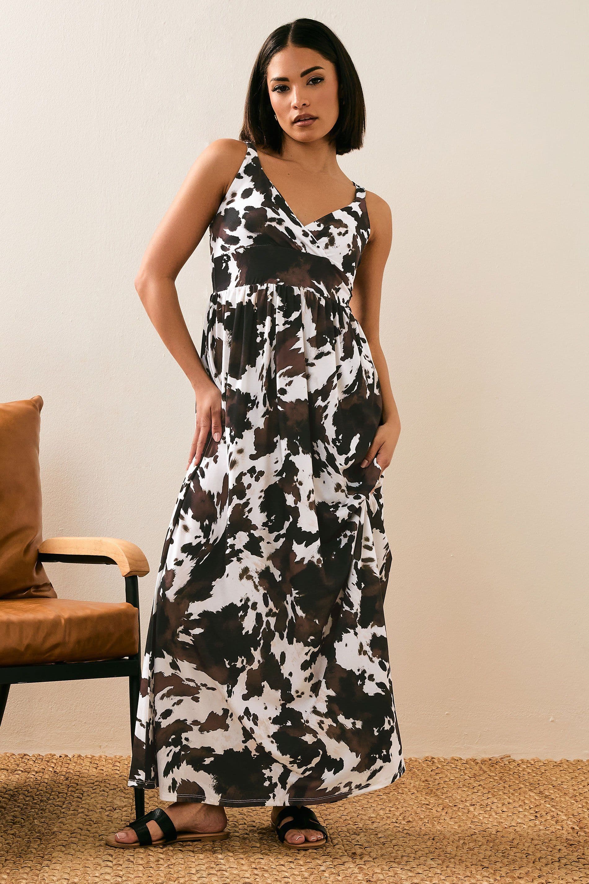 PixieGirl Women's Petite Cow Print Maxi Dress in Brown | Size: 10