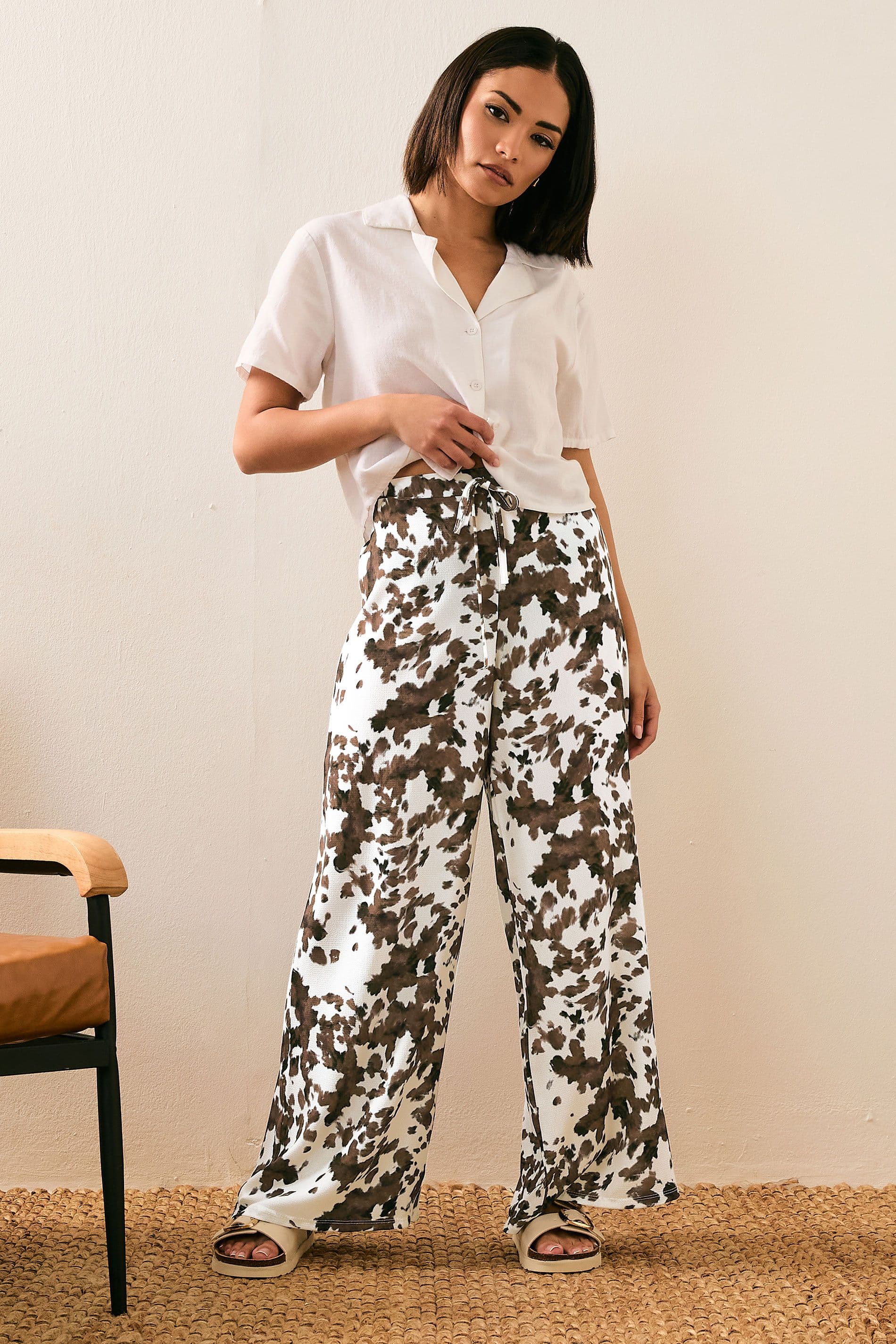PixieGirl Women's Petite Cow Print Wide Leg Trousers in Brown | Size: 12