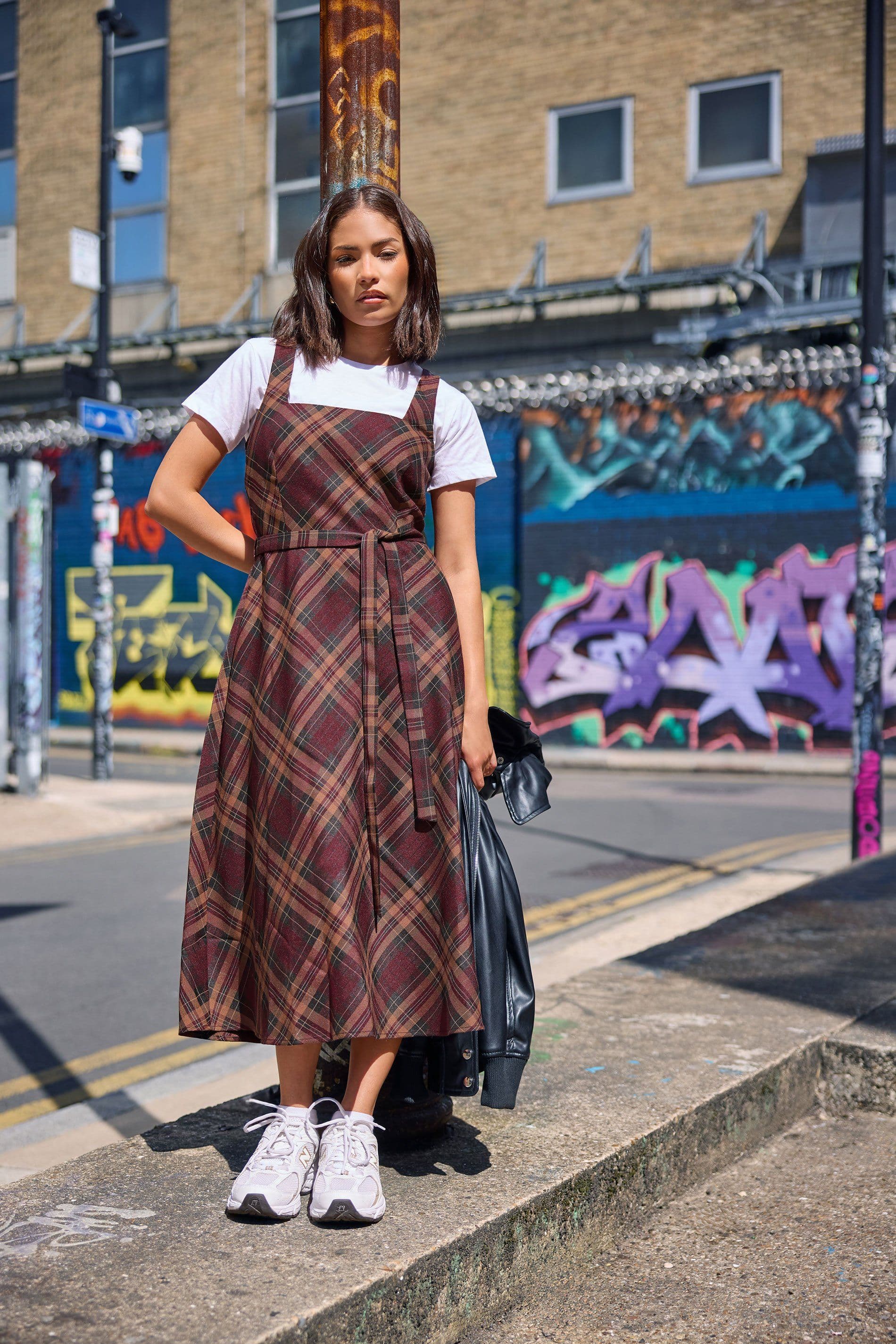 PixieGirl Women's Petite Check Pinafore Midi Dress in Burgundy | Size: 10