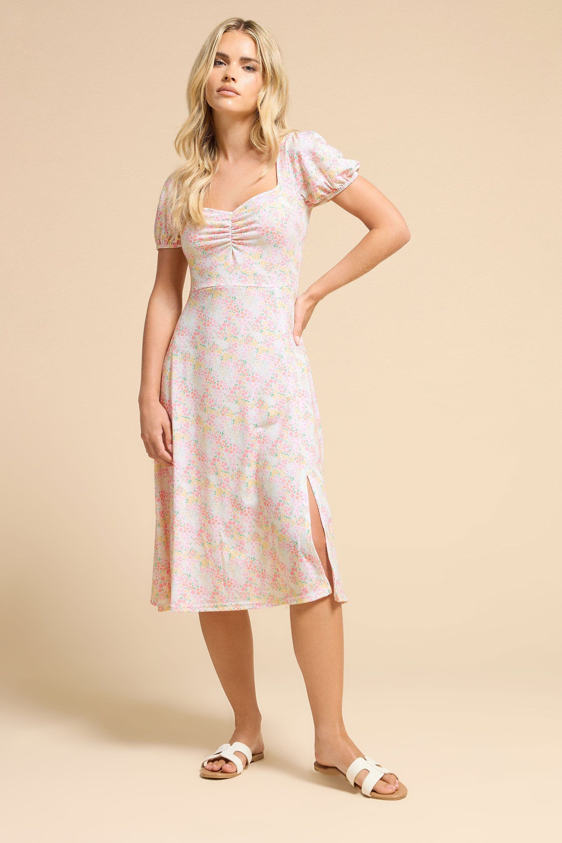 PixieGirl Women's Petite Ditsy Puff Sleeve Midi Dress in Pink | Size: 18
