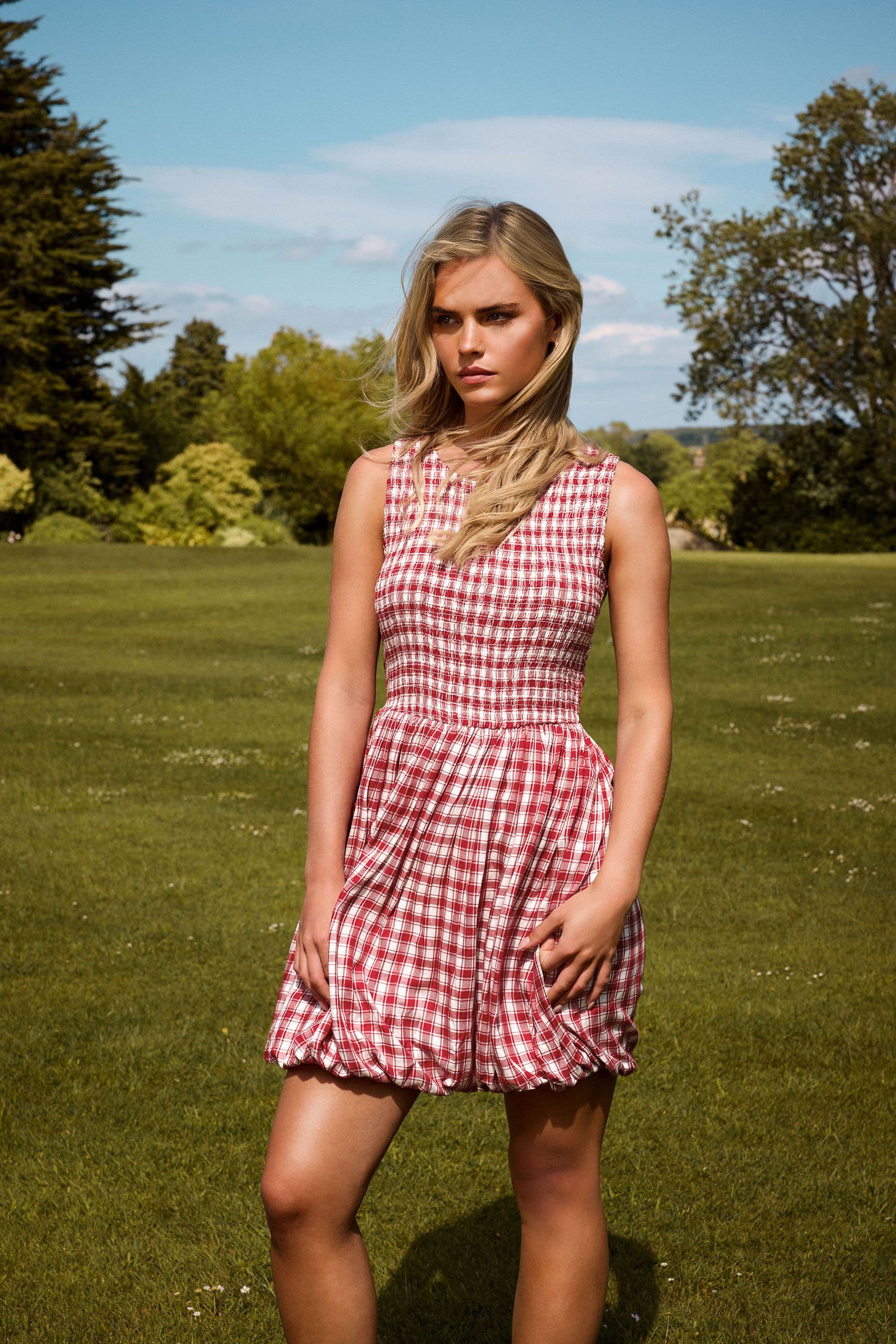 PixieGirl Women's Petite Gingham Bubble Mini Dress in Red | Size: 16