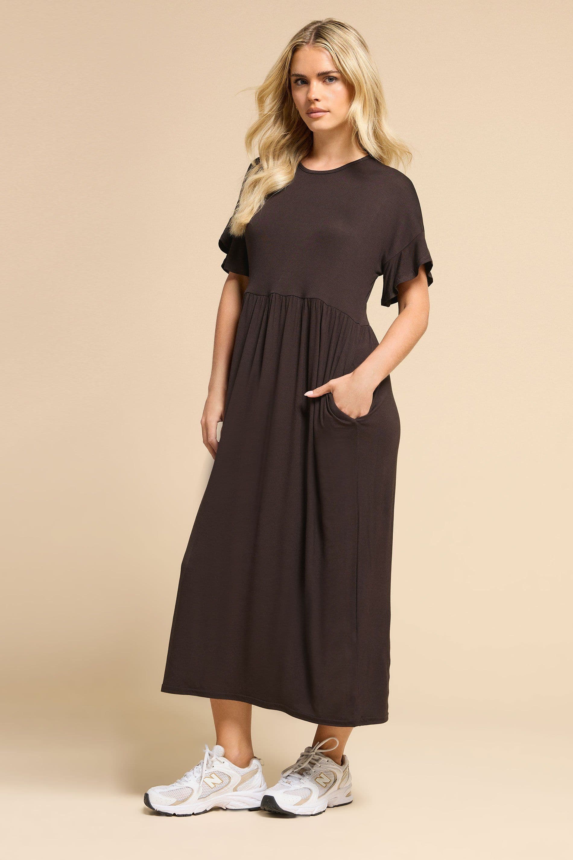 PixieGirl Women's Petite Frill Smock Midi Dress in Brown | Size: 10