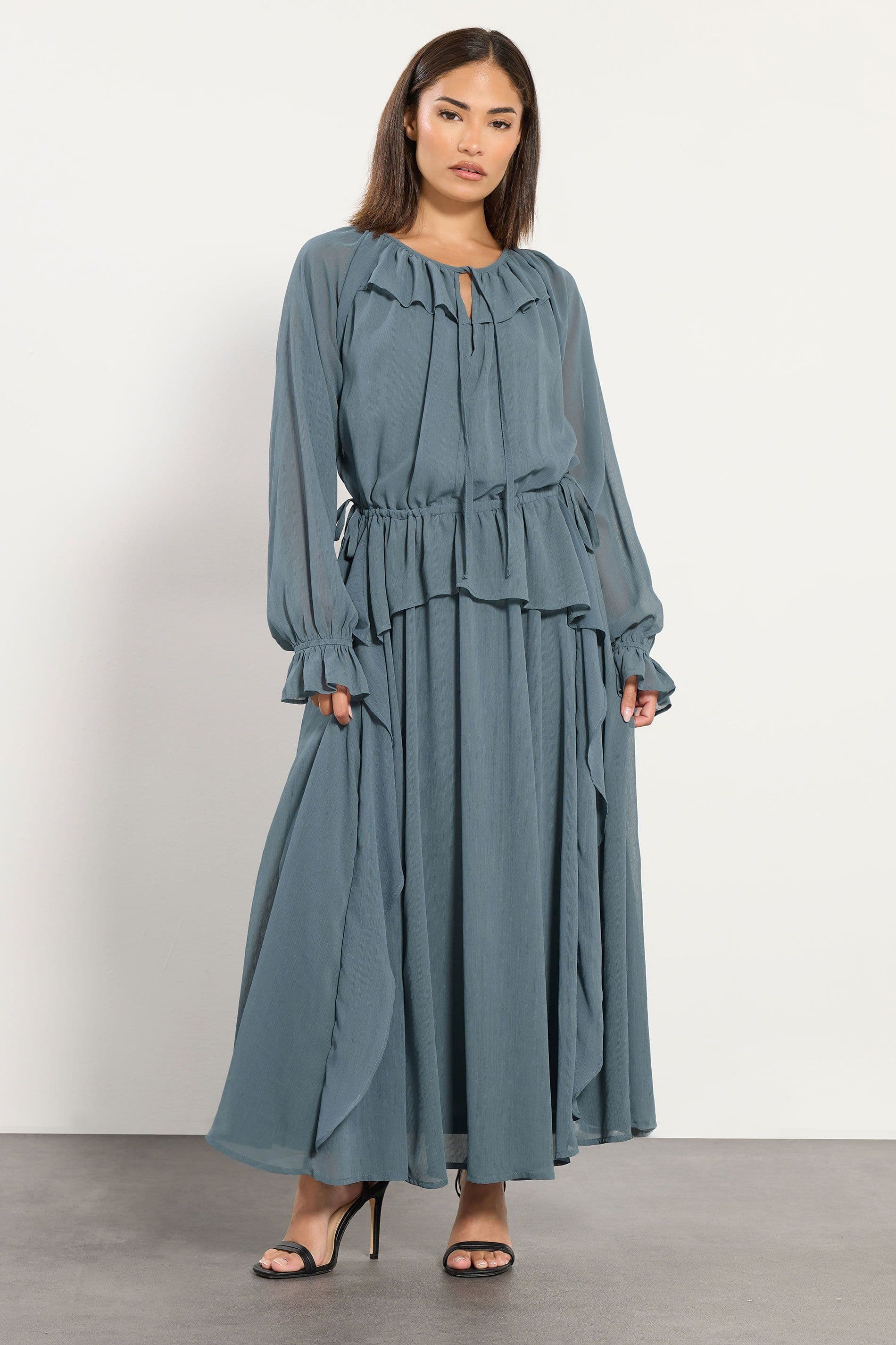 PixieGirl Women's Petite Chiffon Frill Maxi Dress in Blue | Size: 14