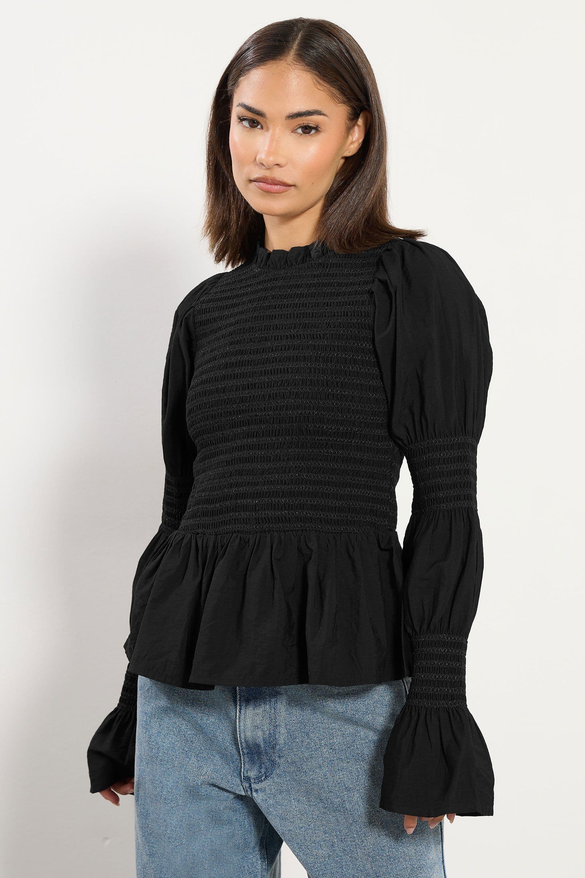 PixieGirl Women's Petite Shirred Smock Top in Black | Size: 14