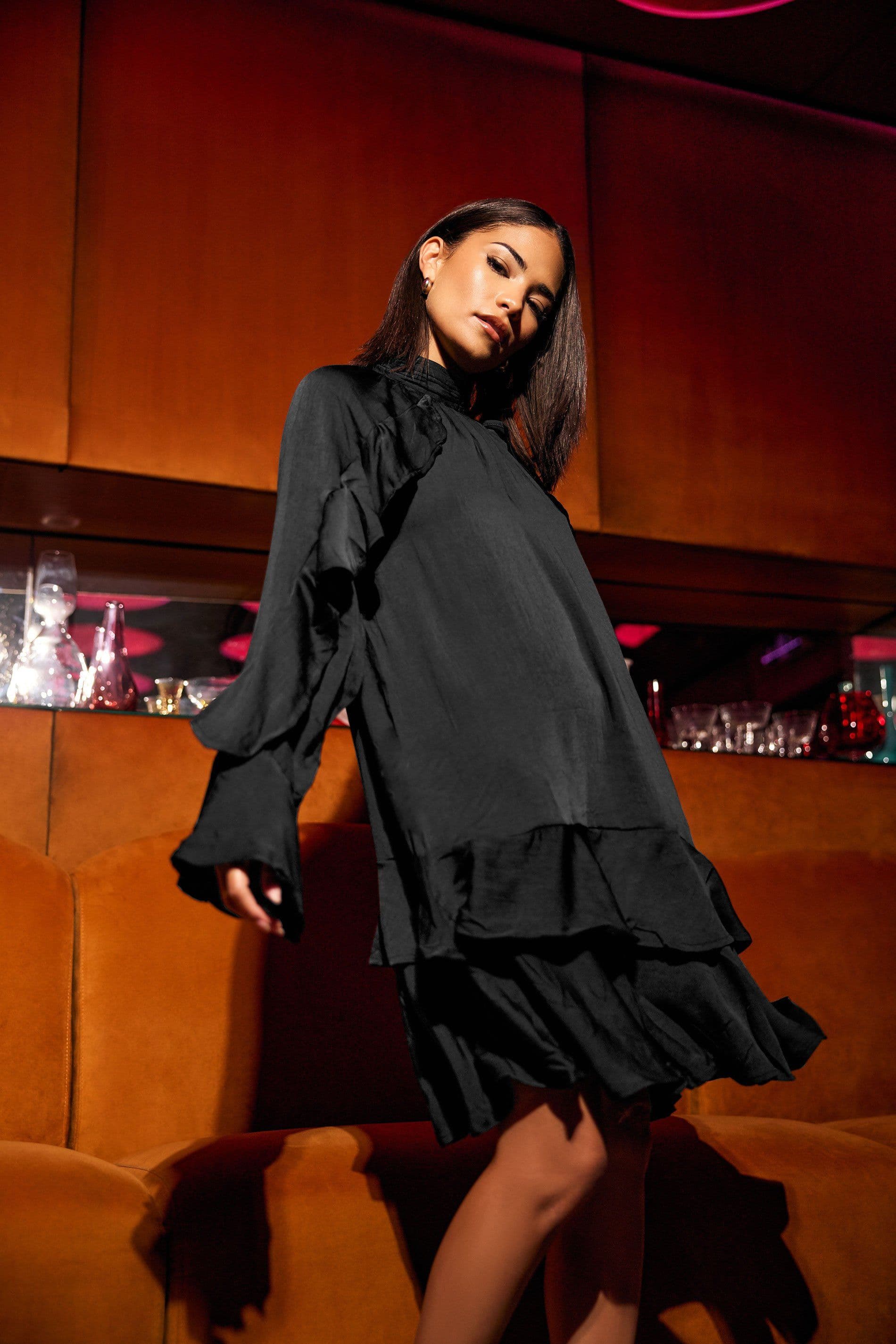 PixieGirl Women's Petite Frill Smock Dress in Black | Size: 10